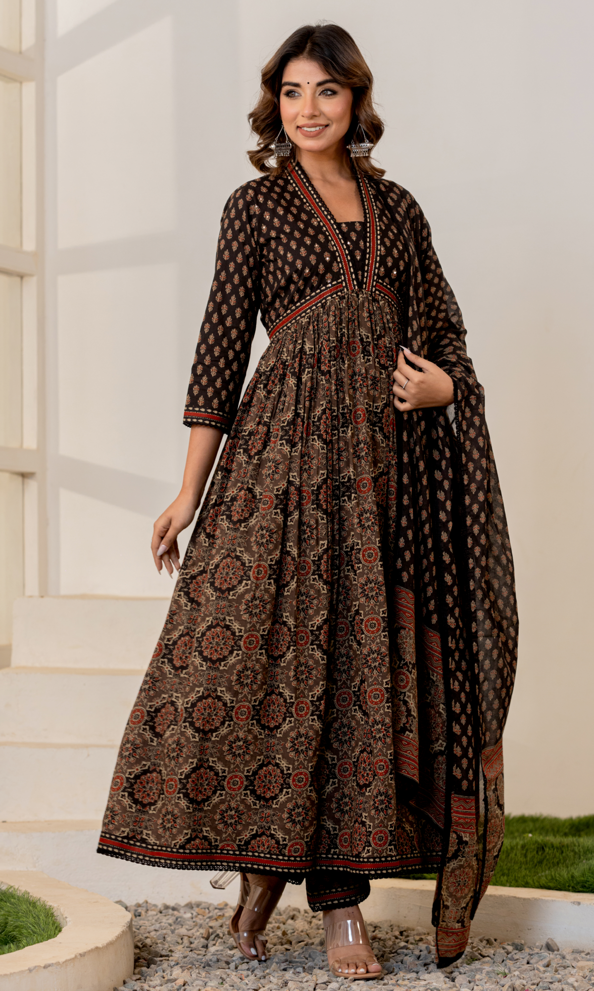 Black Semi Cotton Printed Anarkali Suit