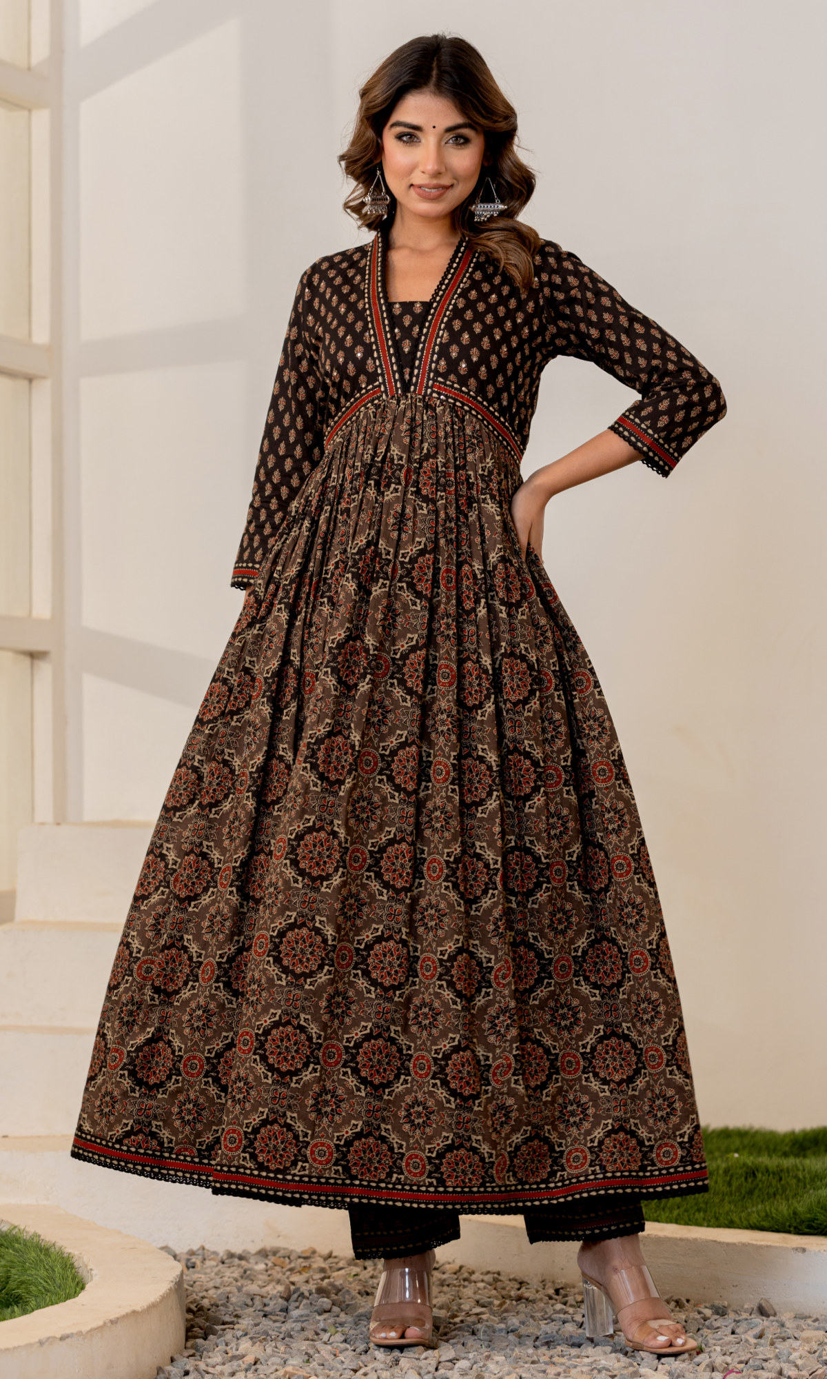 Black Semi Cotton Printed Anarkali Suit