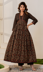 Black Semi Cotton Printed Anarkali Suit