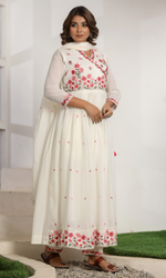 Cream Semi Cotton Floral Embroidered Anarkali Suit