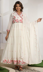 Cream Semi Cotton Floral Embroidered Anarkali Suit
