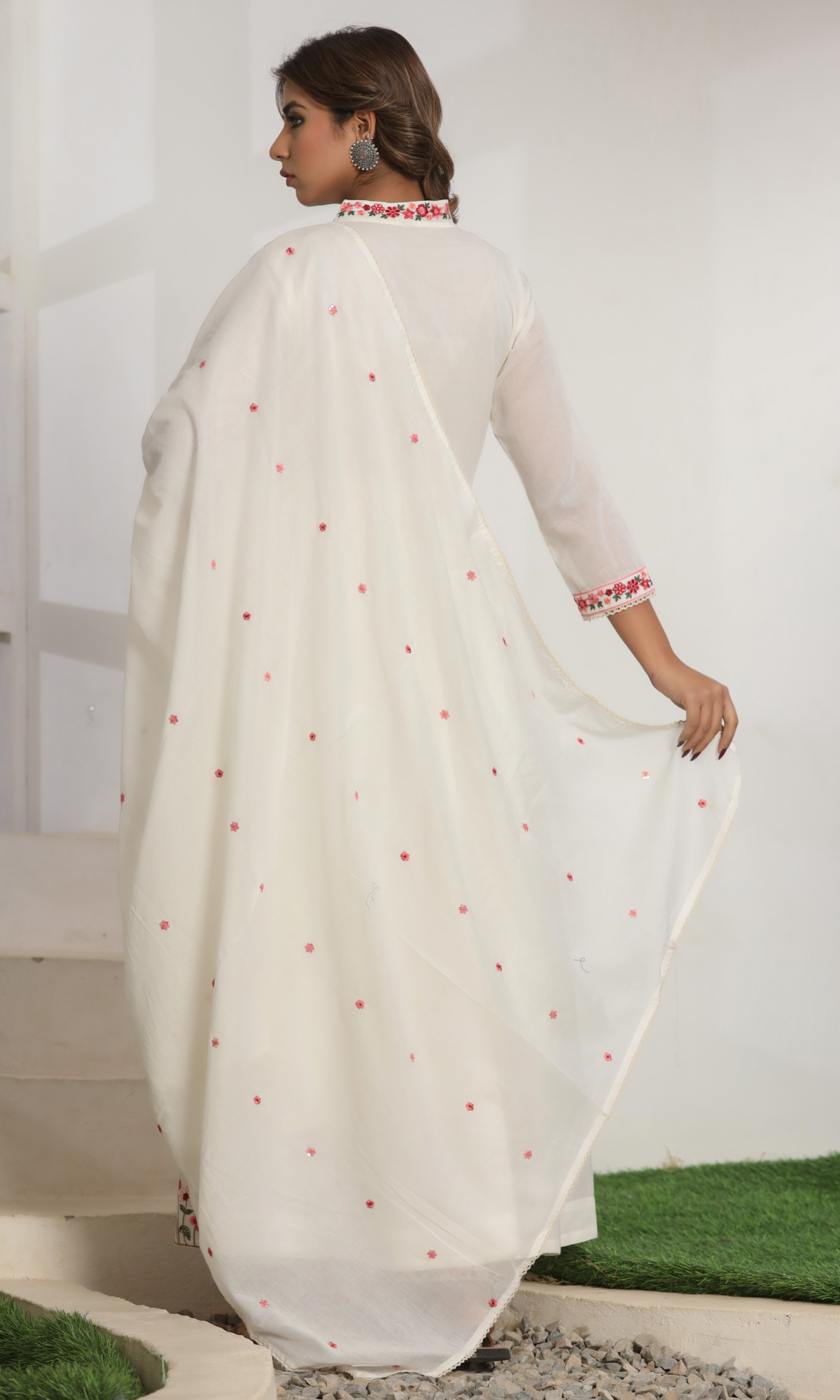 Cream Semi Cotton Floral Embroidered Anarkali Suit