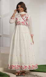 Cream Semi Cotton Floral Embroidered Anarkali Suit