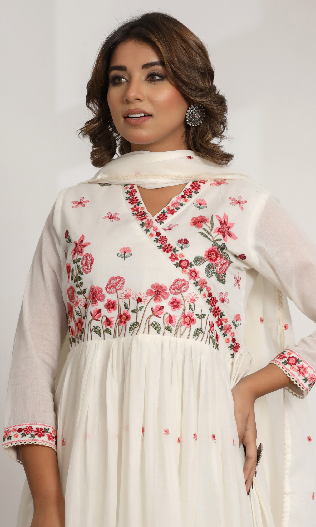 Cream Semi Cotton Floral Embroidered Anarkali Suit