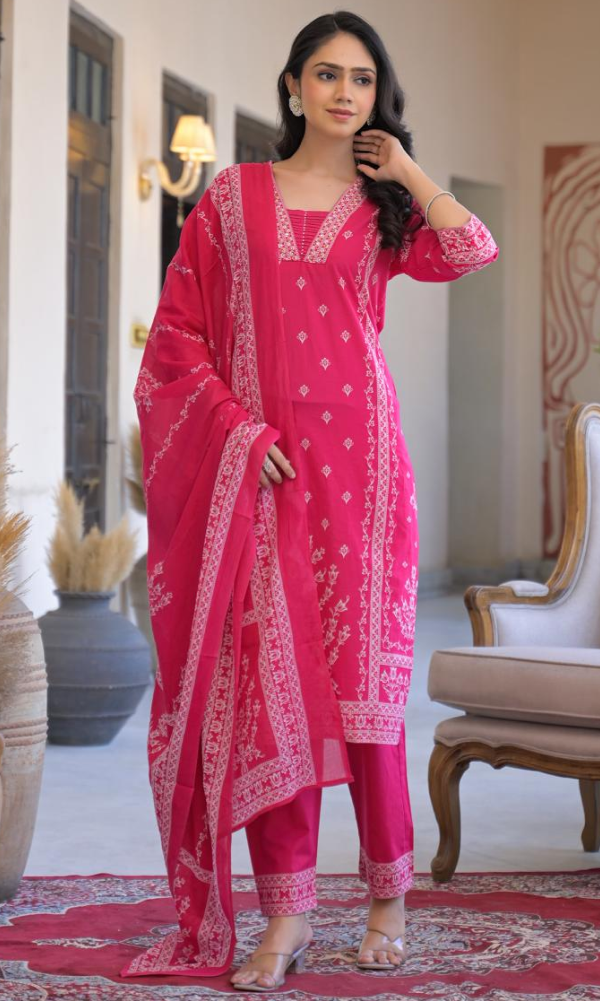 Pink Semi Cotton Floral Printed Salwar Suit