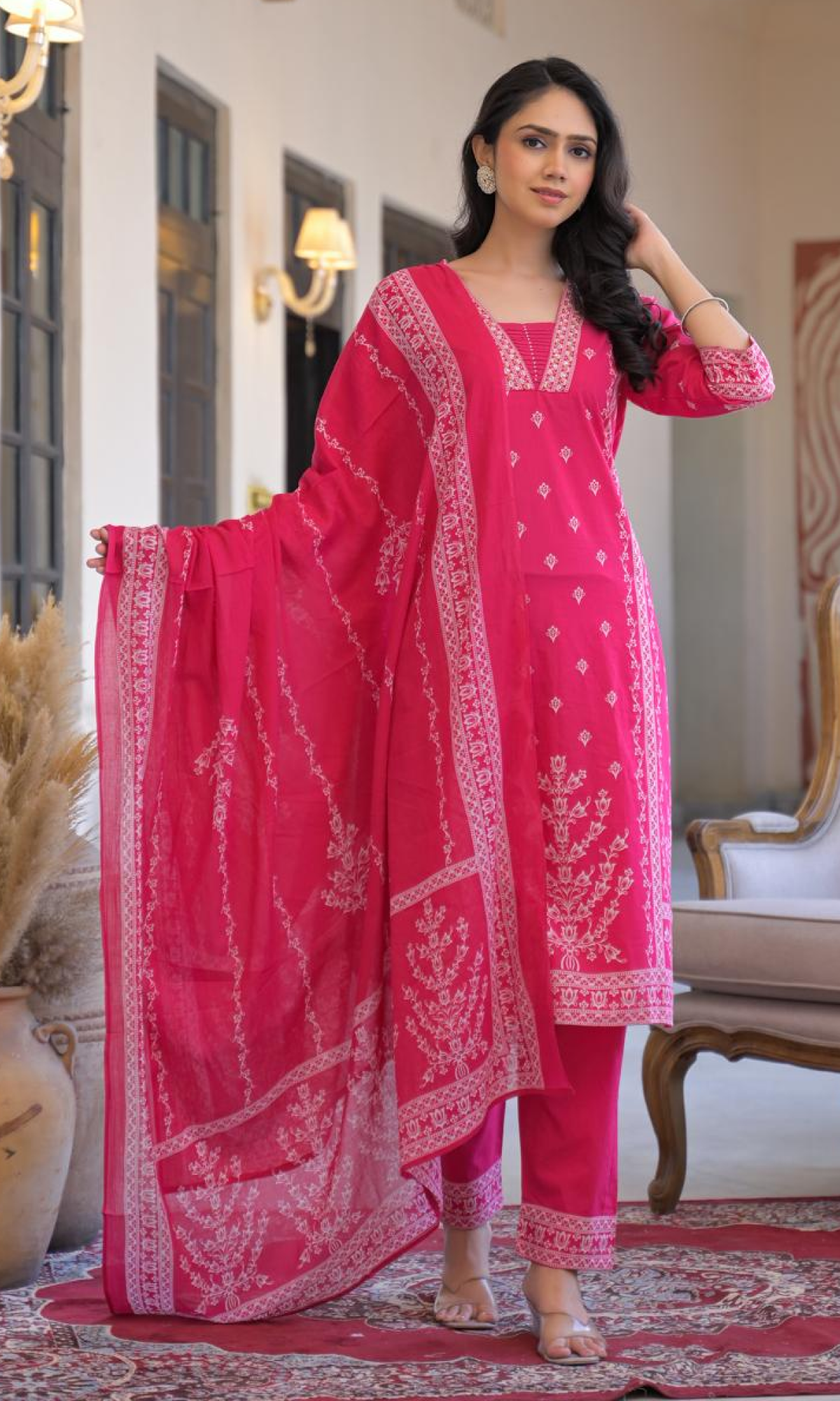 Pink Semi Cotton Floral Printed Salwar Suit