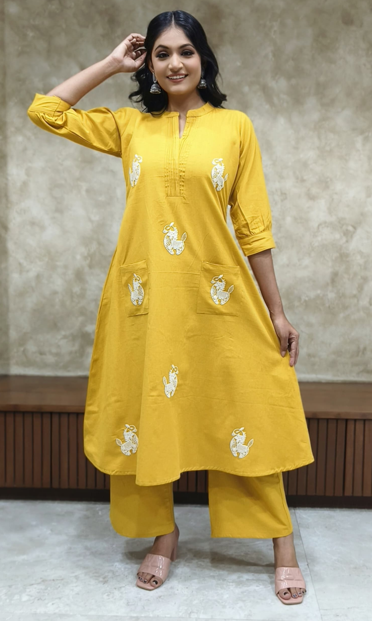 Mustard Semi Cotton Embroidered Co-ord Set