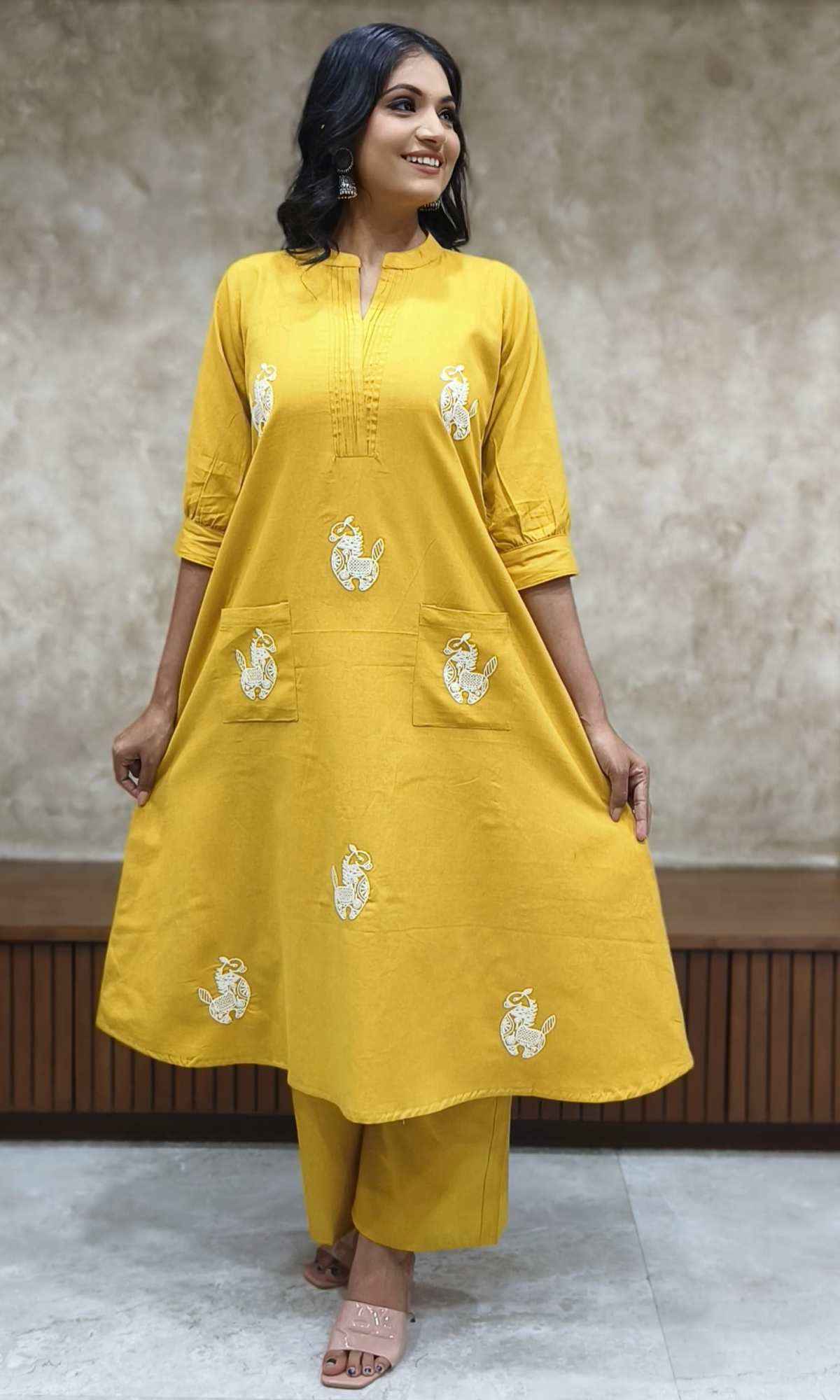 Mustard Semi Cotton Embroidered Co-ord Set
