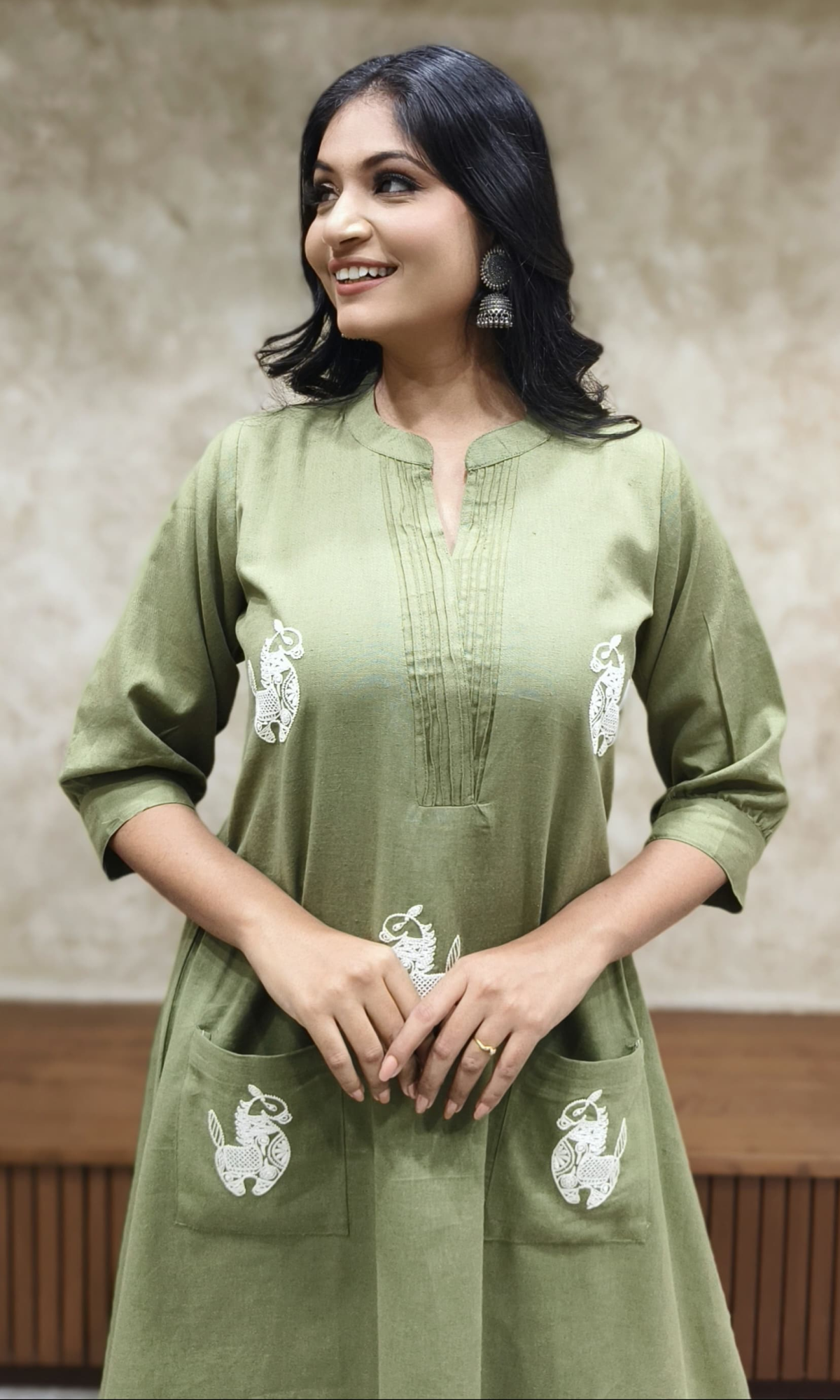 Olive Green Semi Cotton Embroidered Co-ord Set
