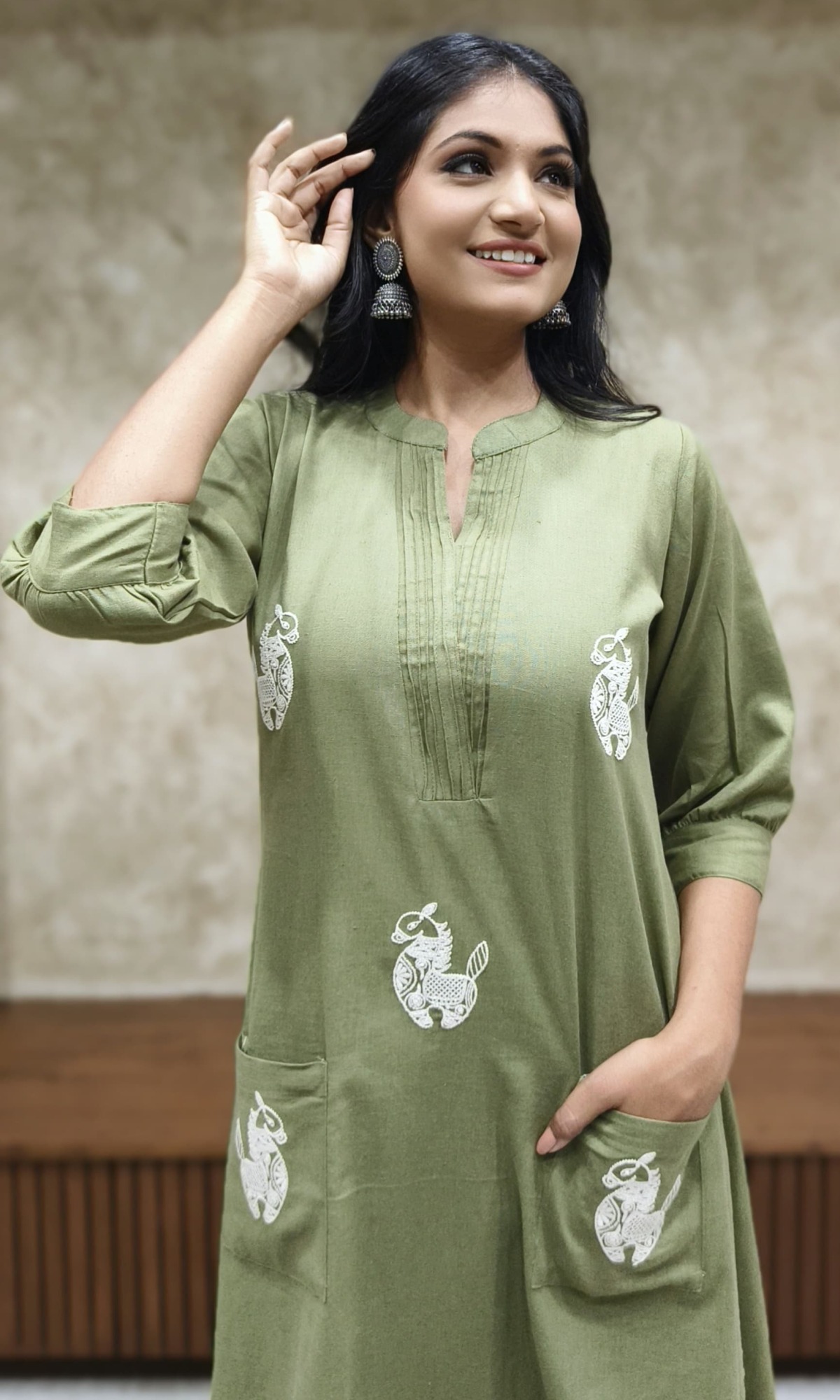 Olive Green Semi Cotton Embroidered Co-ord Set