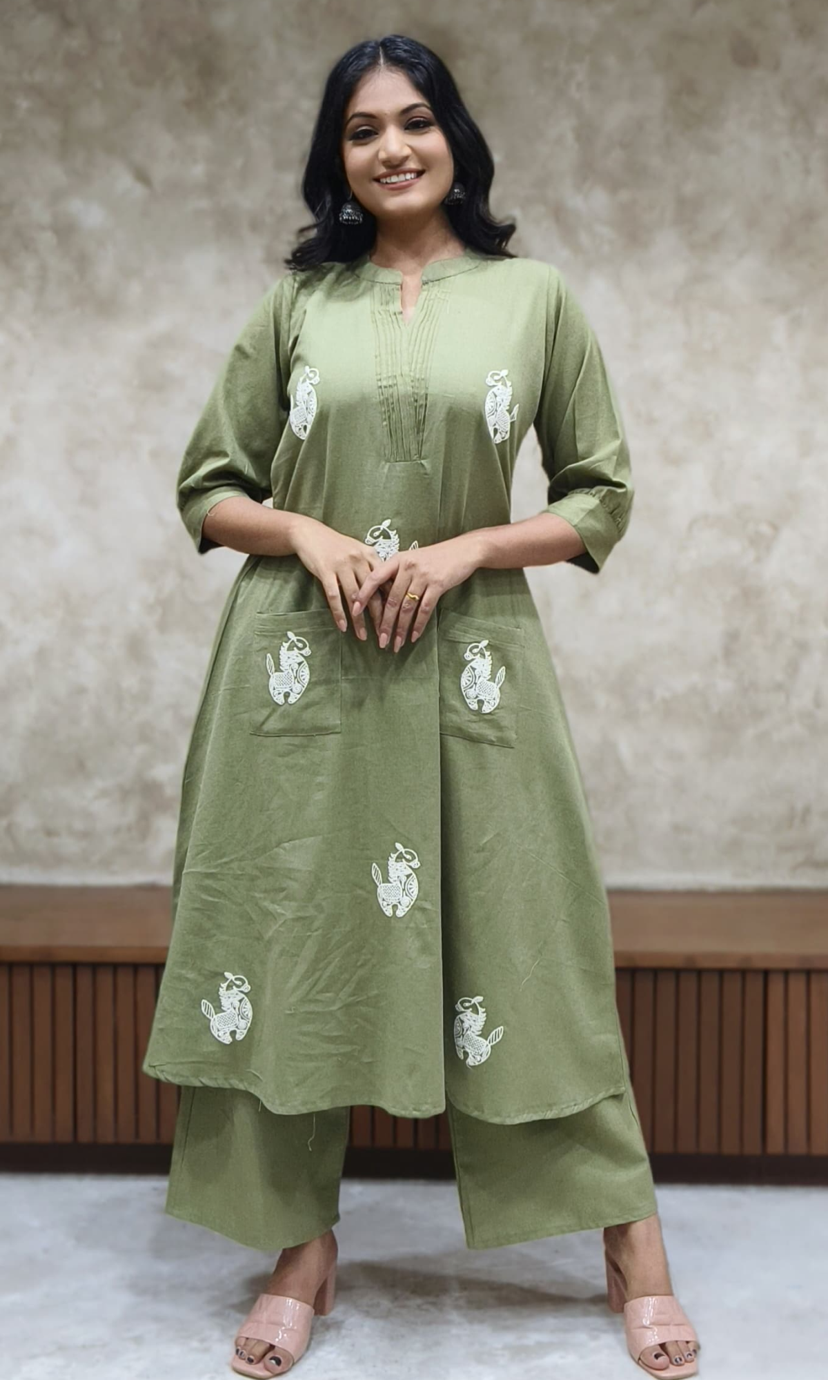 Olive Green Semi Cotton Embroidered Co-ord Set