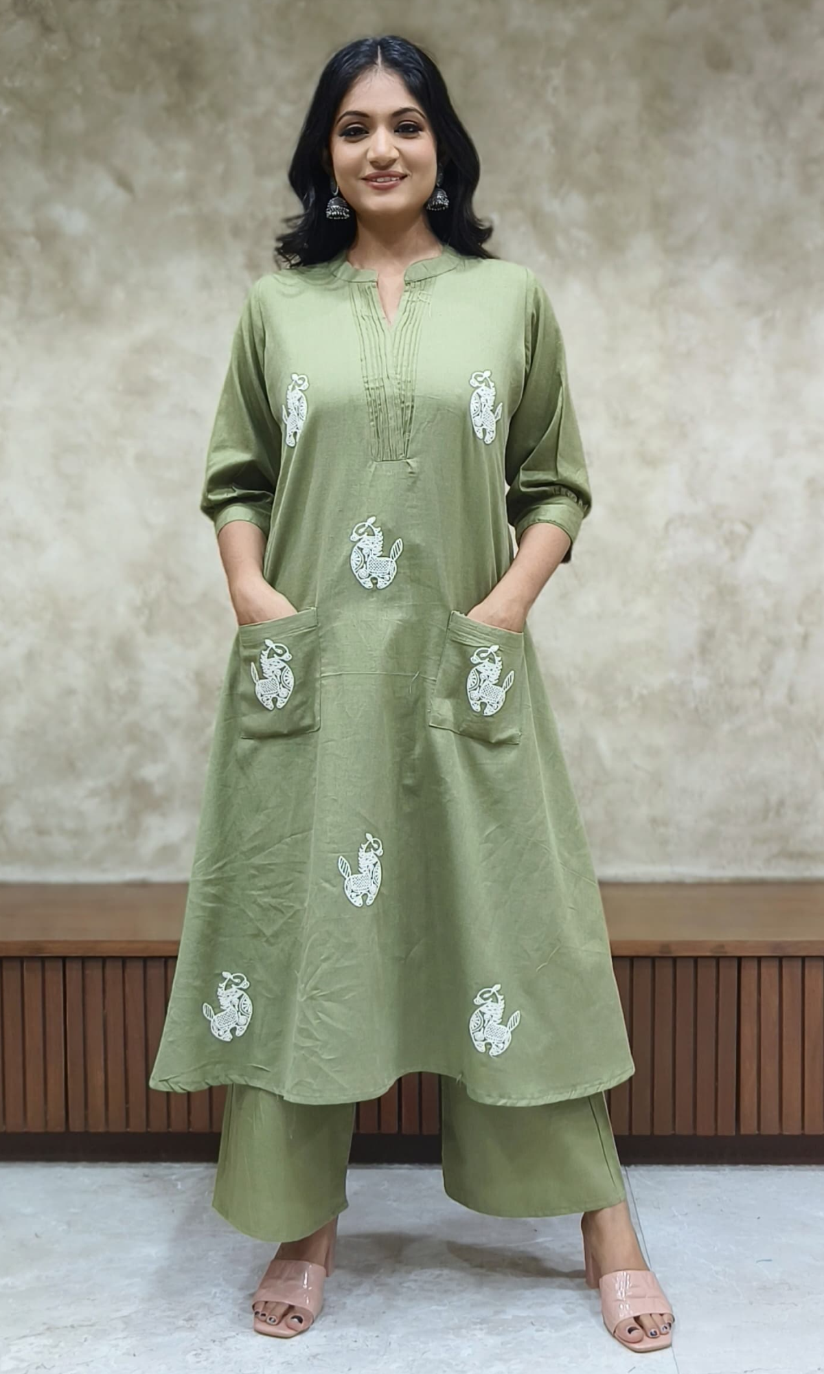 Olive Green Semi Cotton Embroidered Co-ord Set