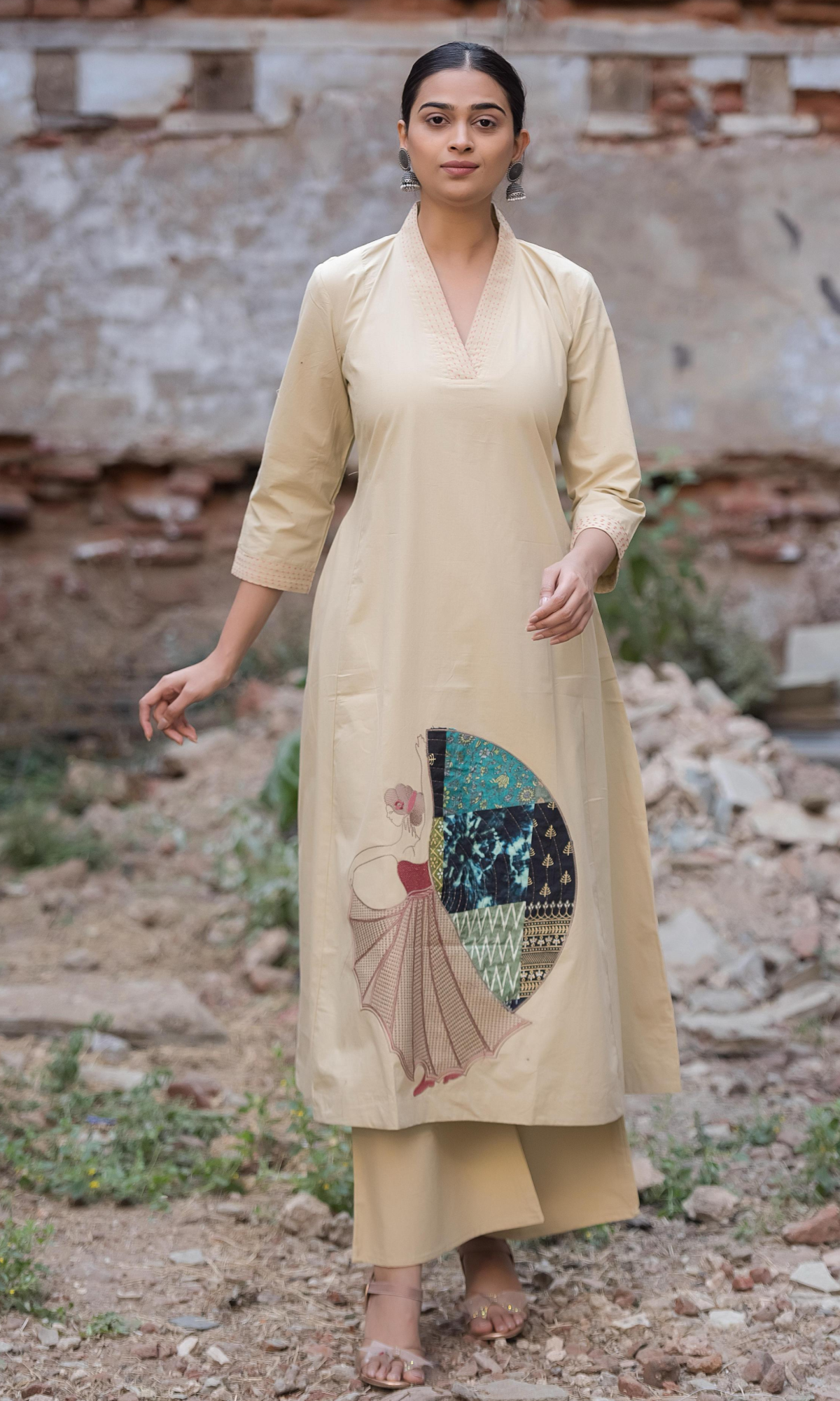 Beige Semi Cotton Embroidered Co-ord Set