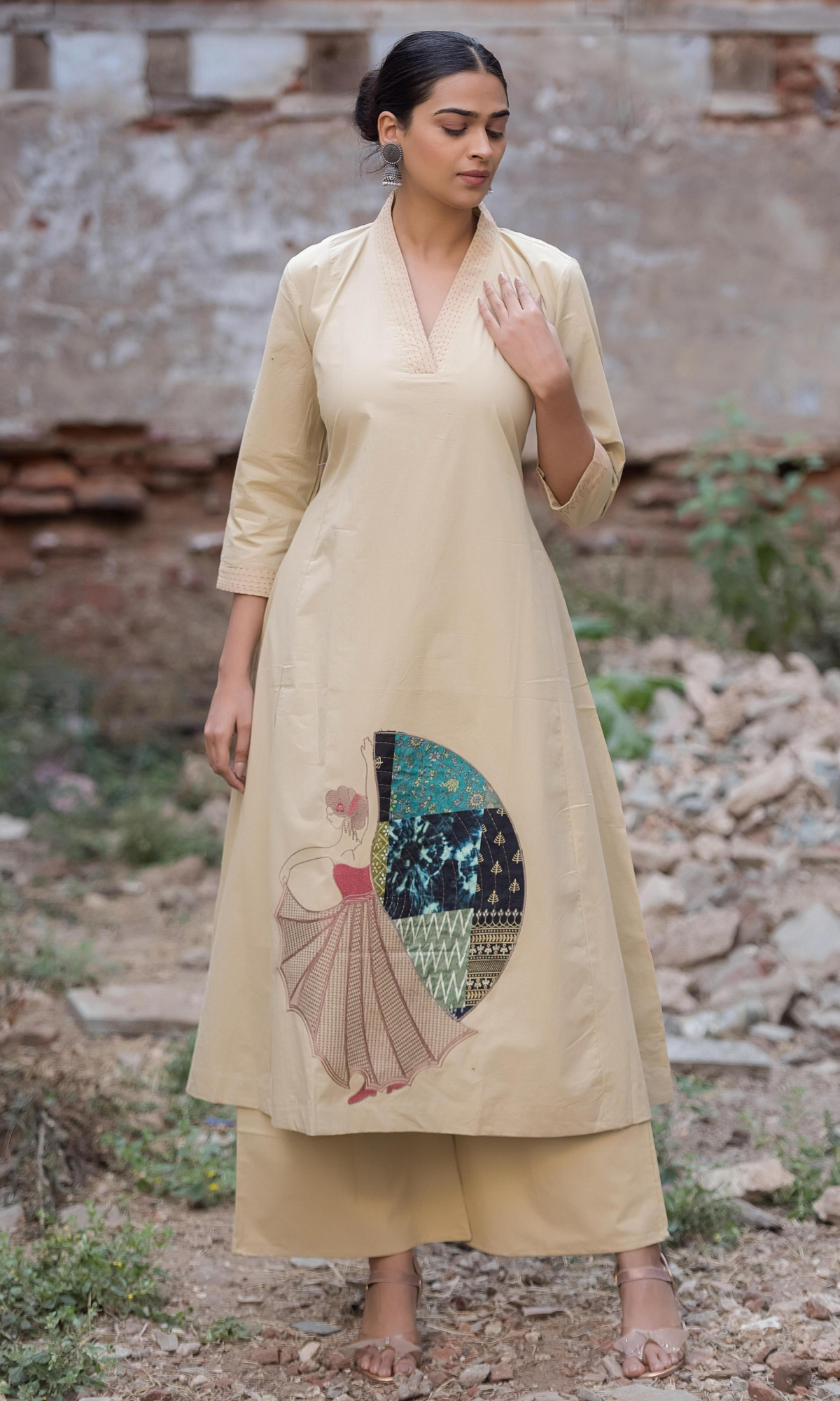 Beige Semi Cotton Embroidered Co-ord Set