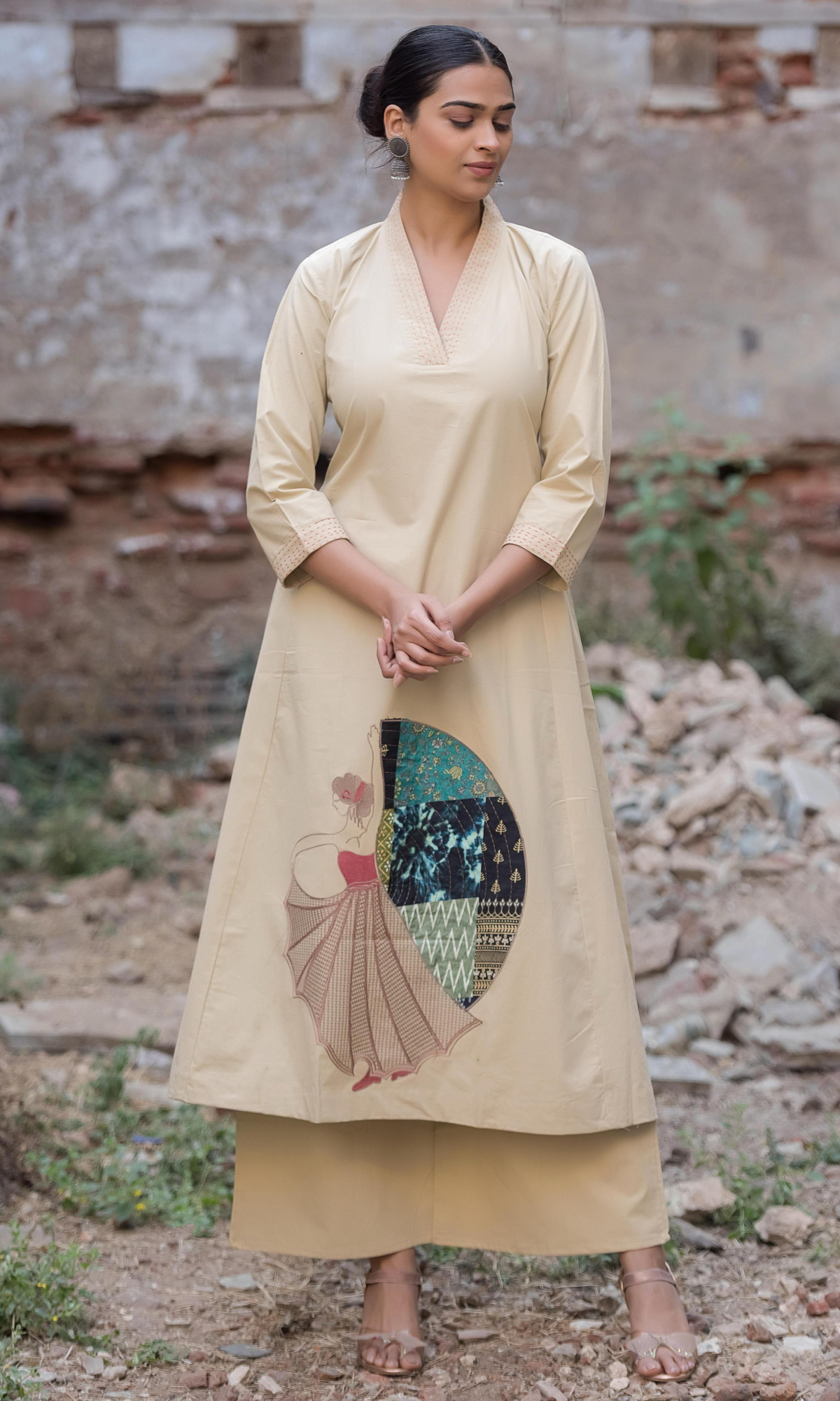 Beige Semi Cotton Embroidered Co-ord Set
