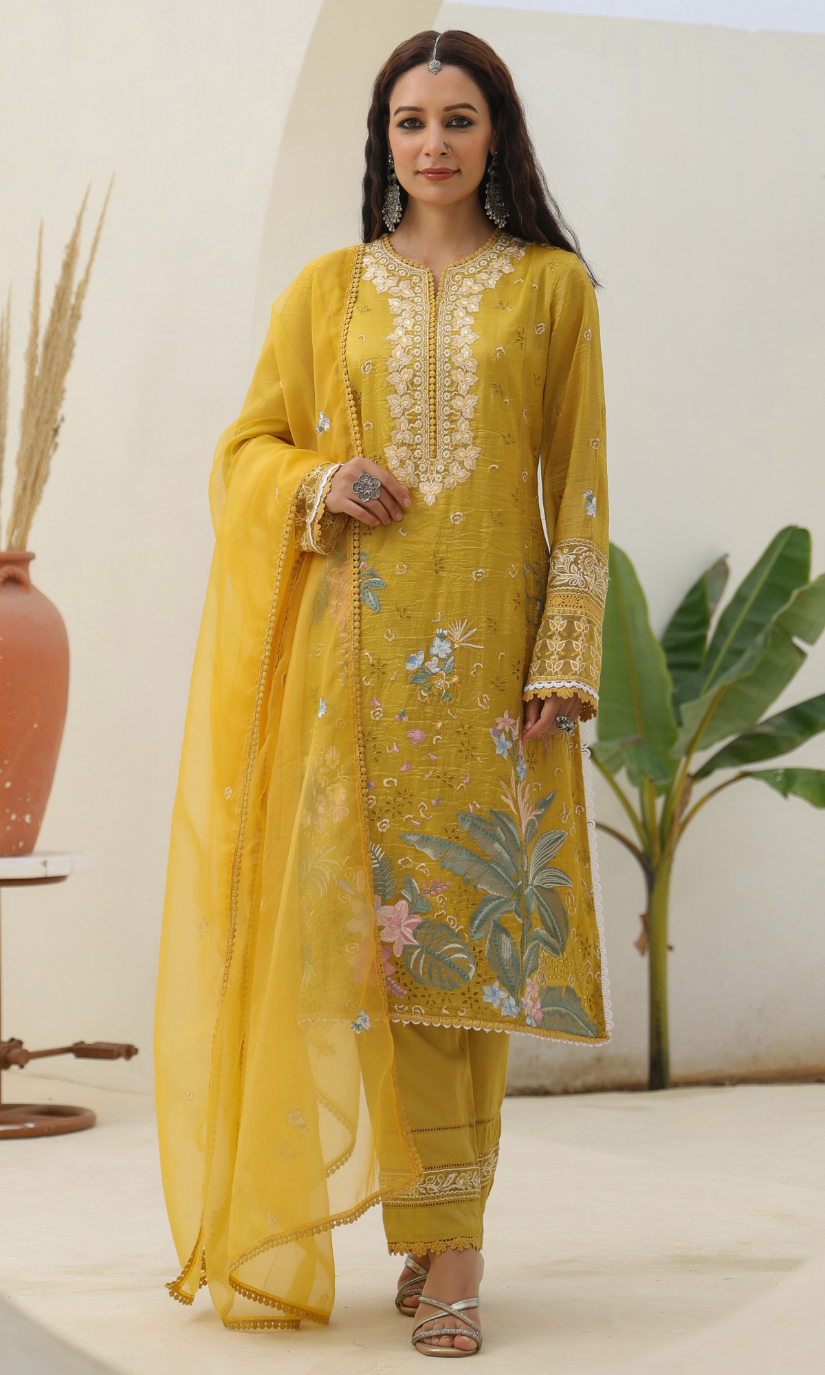 Mustard Tissue Floral Embroidered Salwar Suit