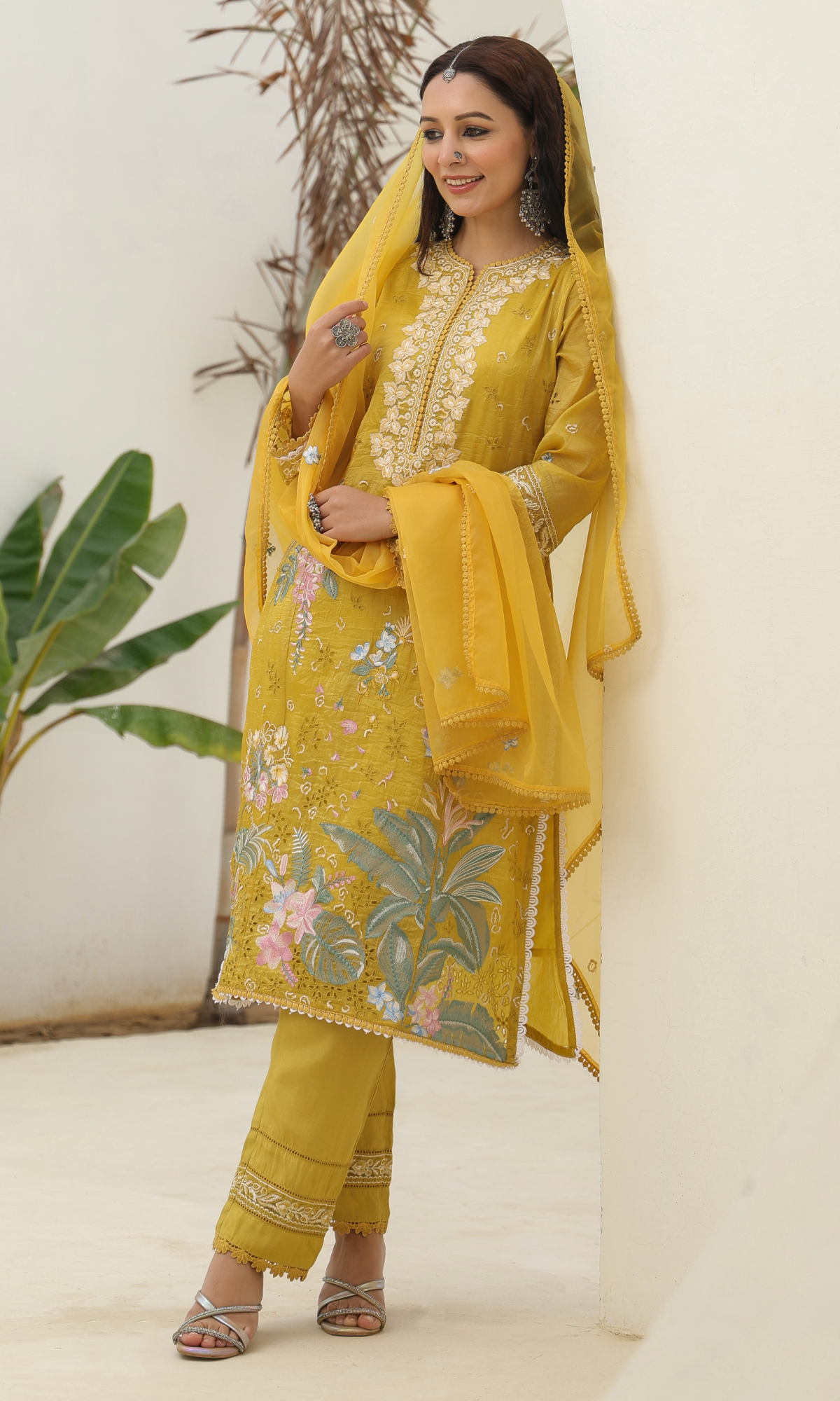 Mustard Tissue Floral Embroidered Salwar Suit