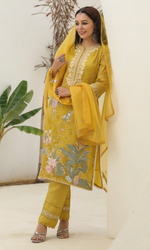 Mustard Tissue Floral Embroidered Salwar Suit