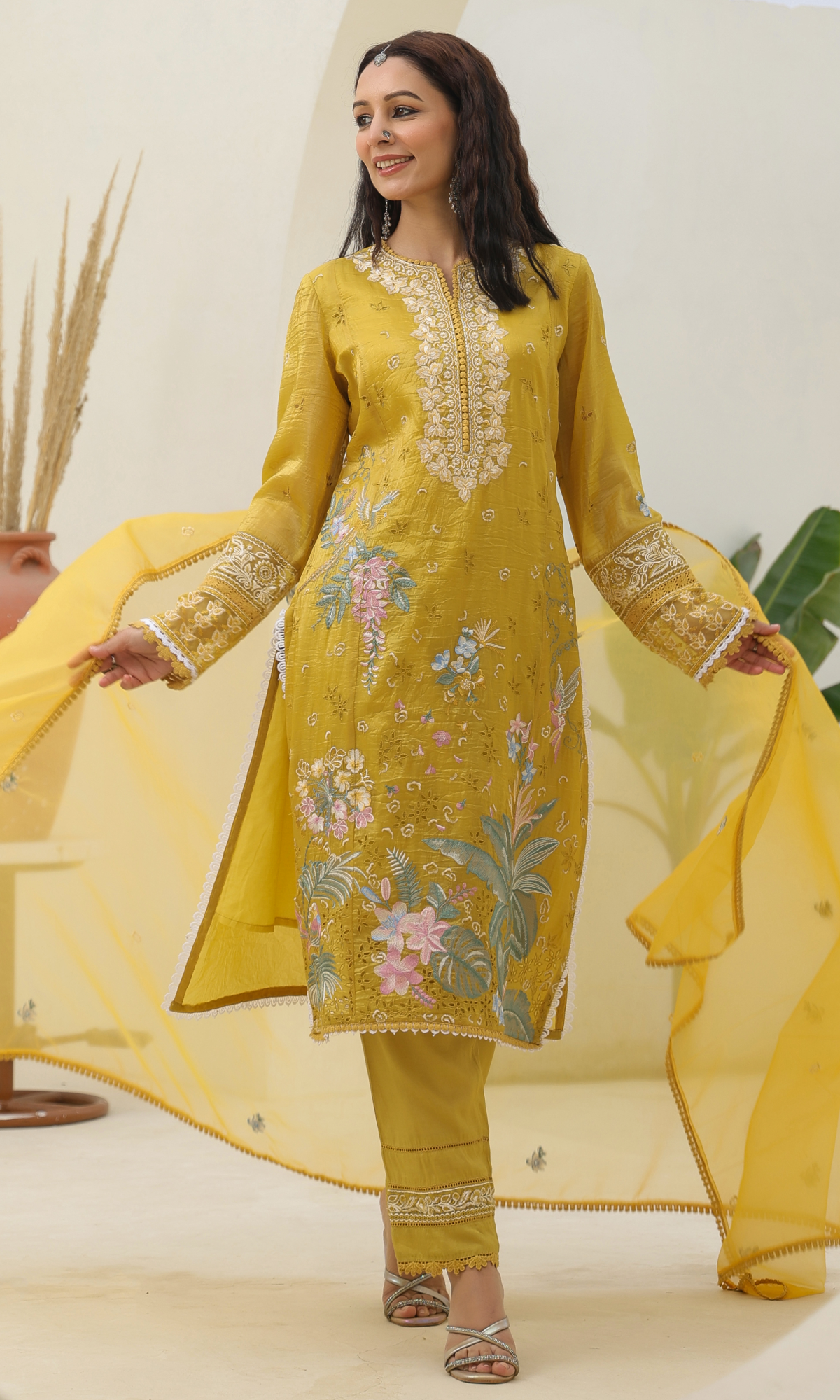 Mustard Tissue Floral Embroidered Salwar Suit