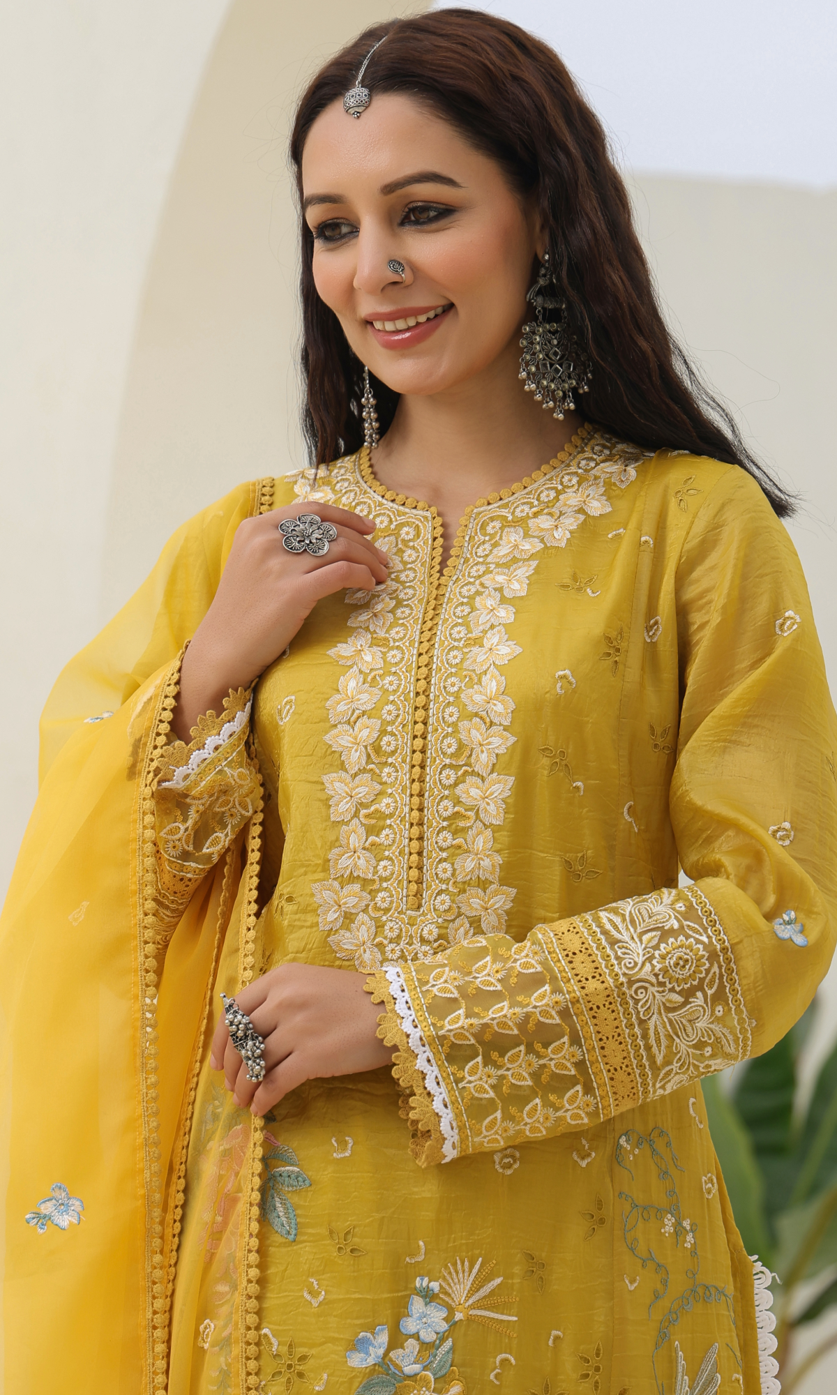 Mustard Tissue Floral Embroidered Salwar Suit
