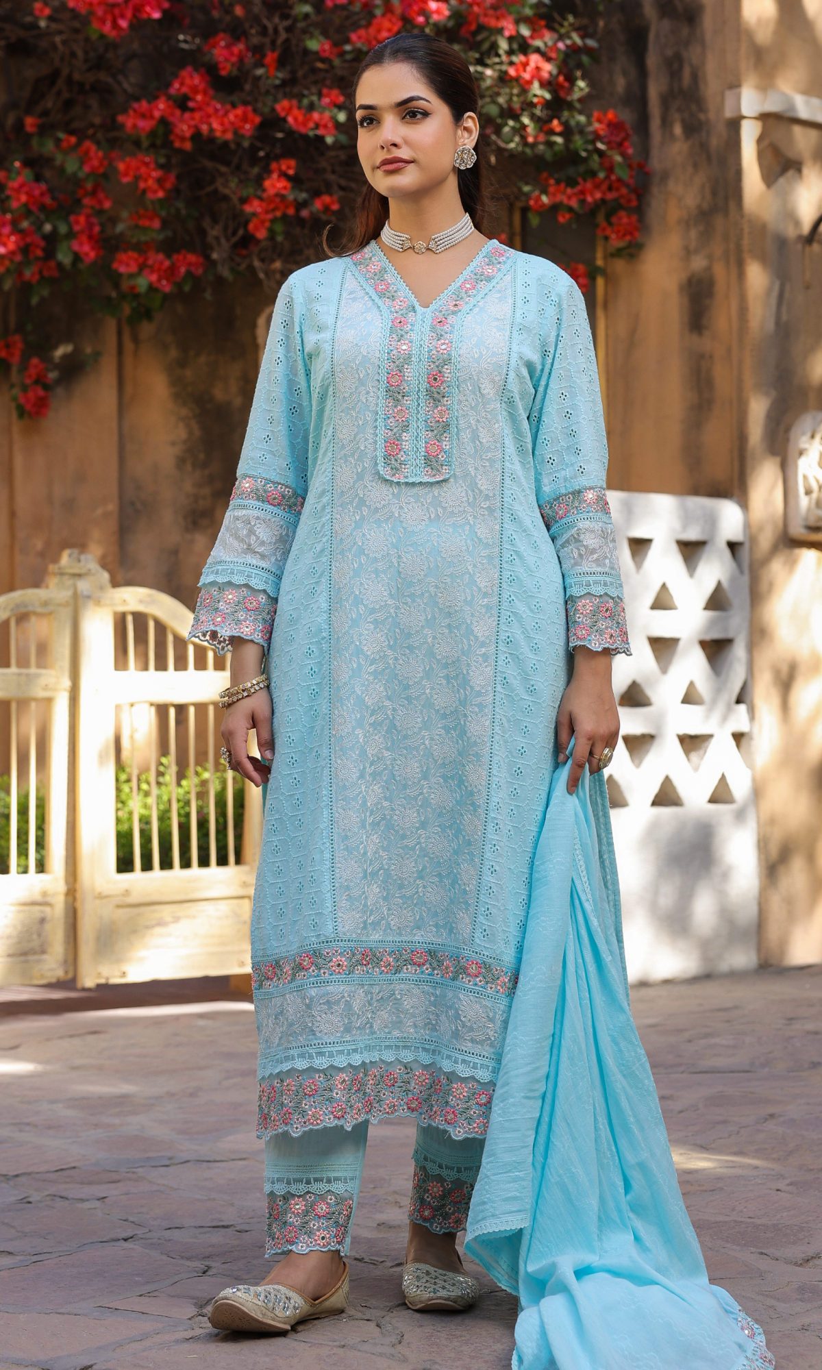 Blue Semi Cotton Floral Embroidered Salwar Suit