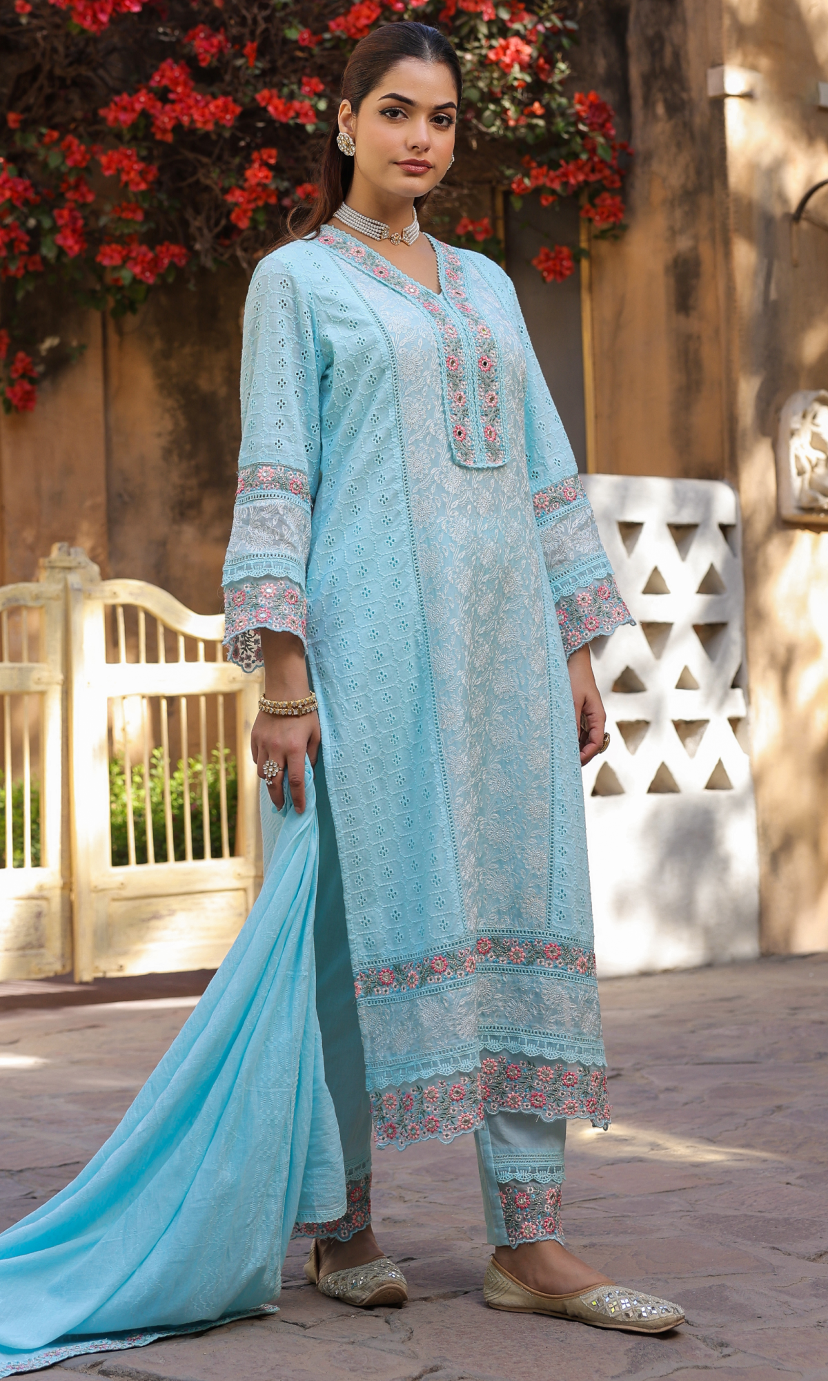 Blue Semi Cotton Floral Embroidered Salwar Suit