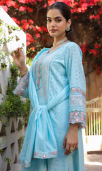 Blue Semi Cotton Floral Embroidered Salwar Suit