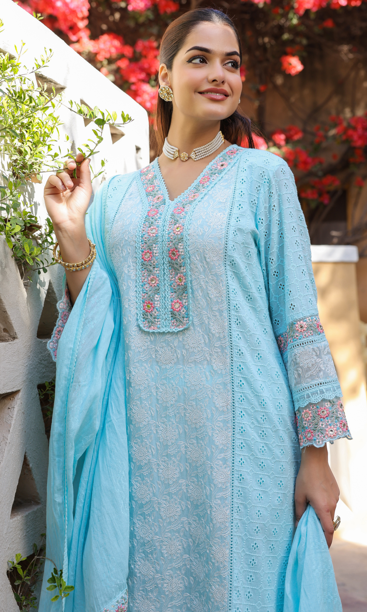 Blue Semi Cotton Floral Embroidered Salwar Suit