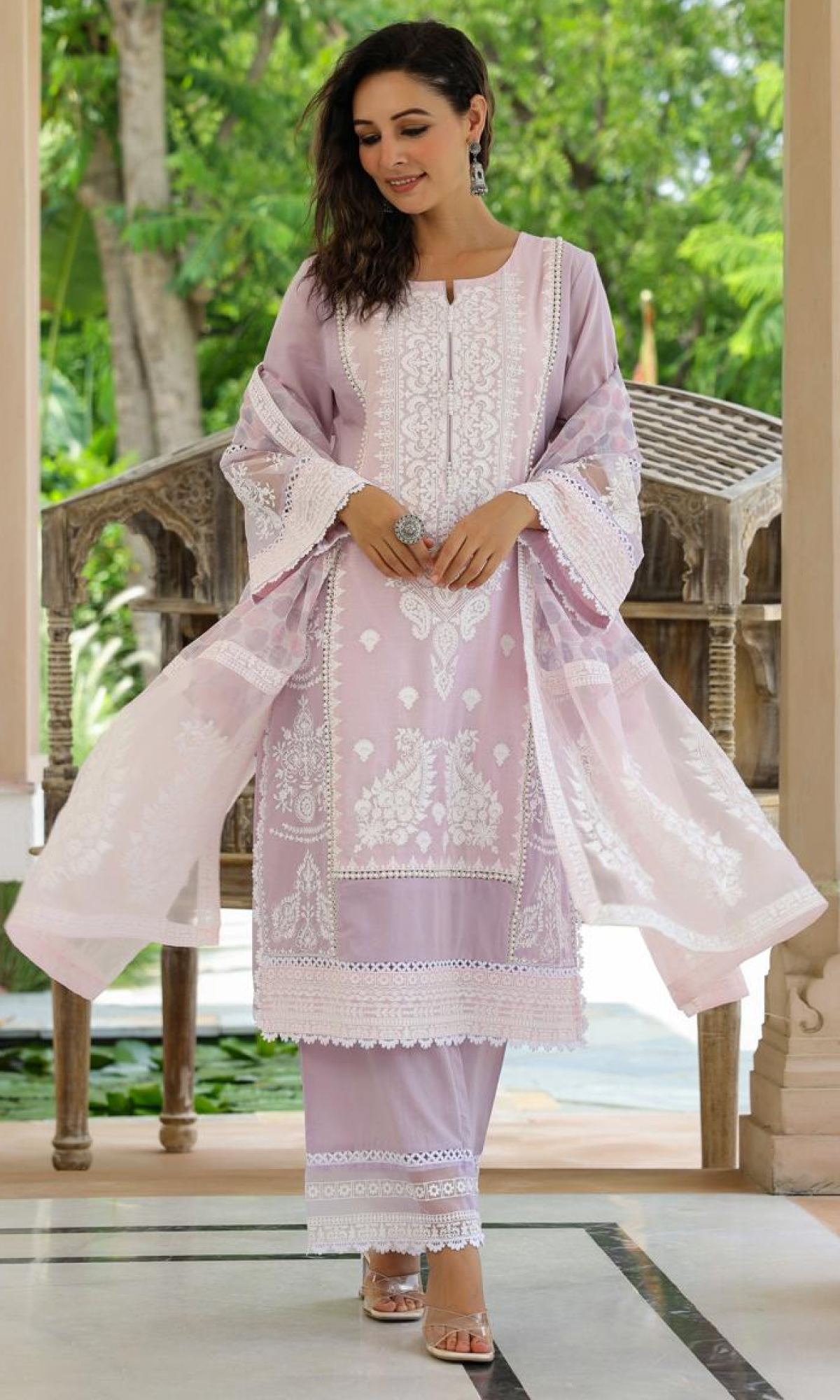 Lavender Semi Cotton Embroidered Salwar Suit