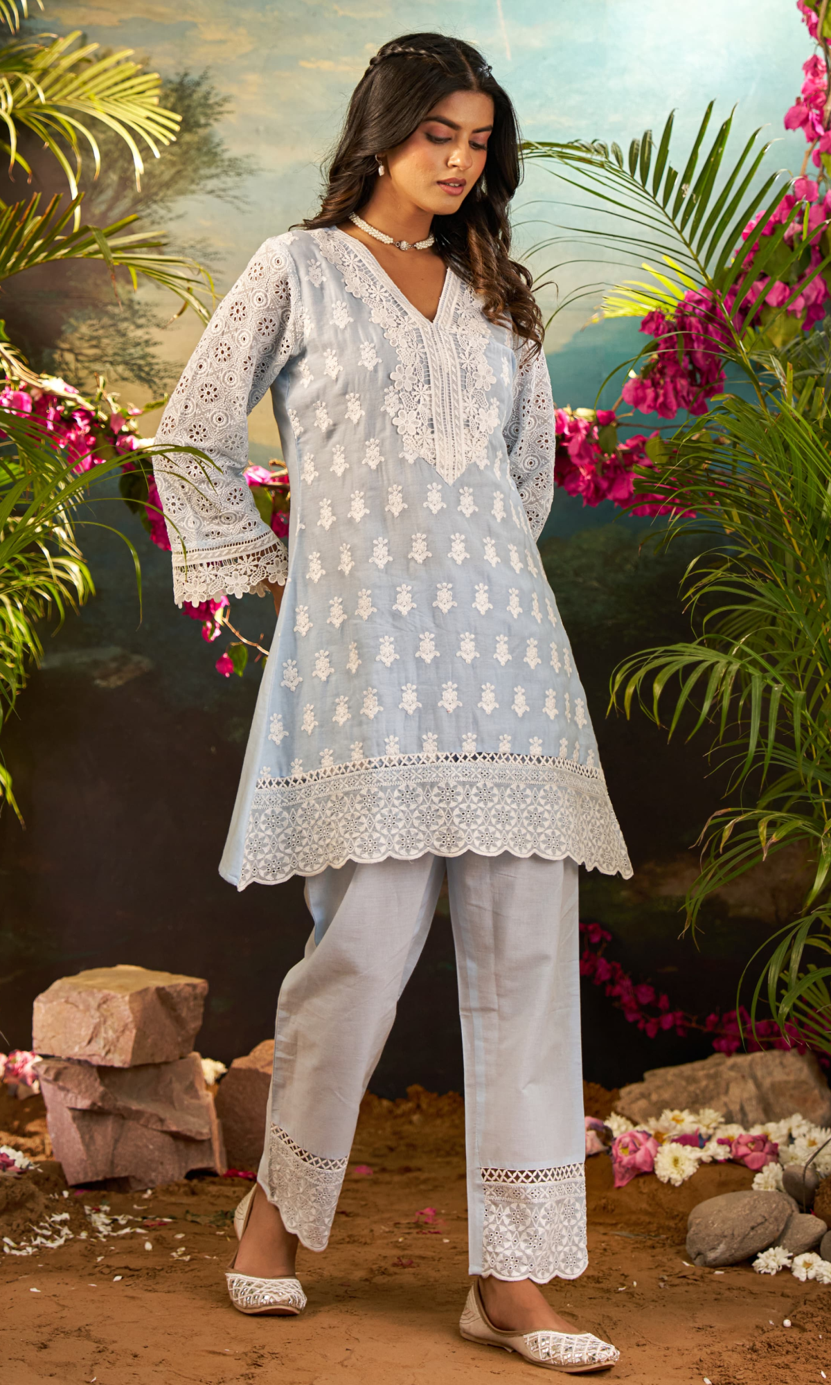 Blue Semi Cotton Floral Embroidered Co-ord