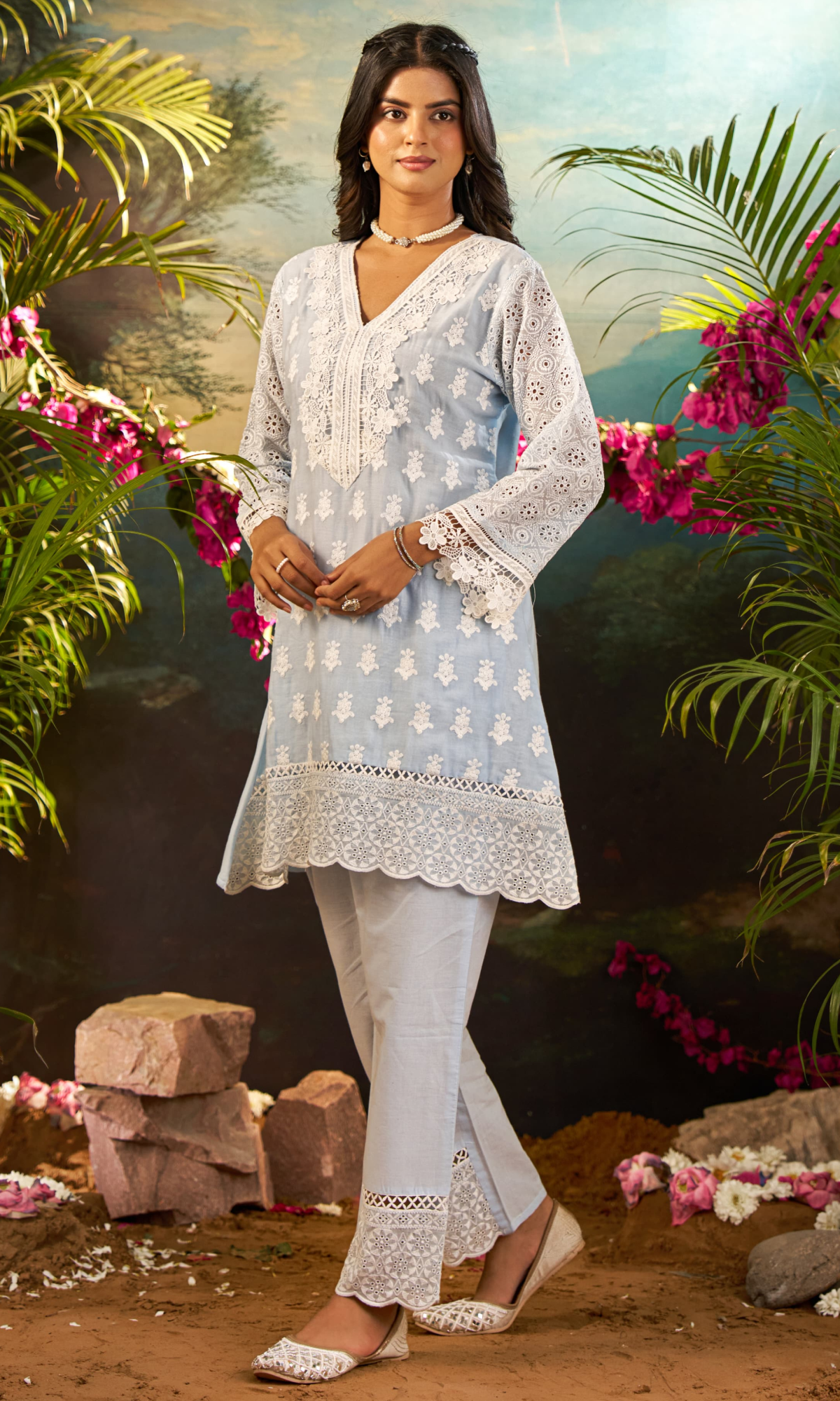 Blue Semi Cotton Floral Embroidered Co-ord
