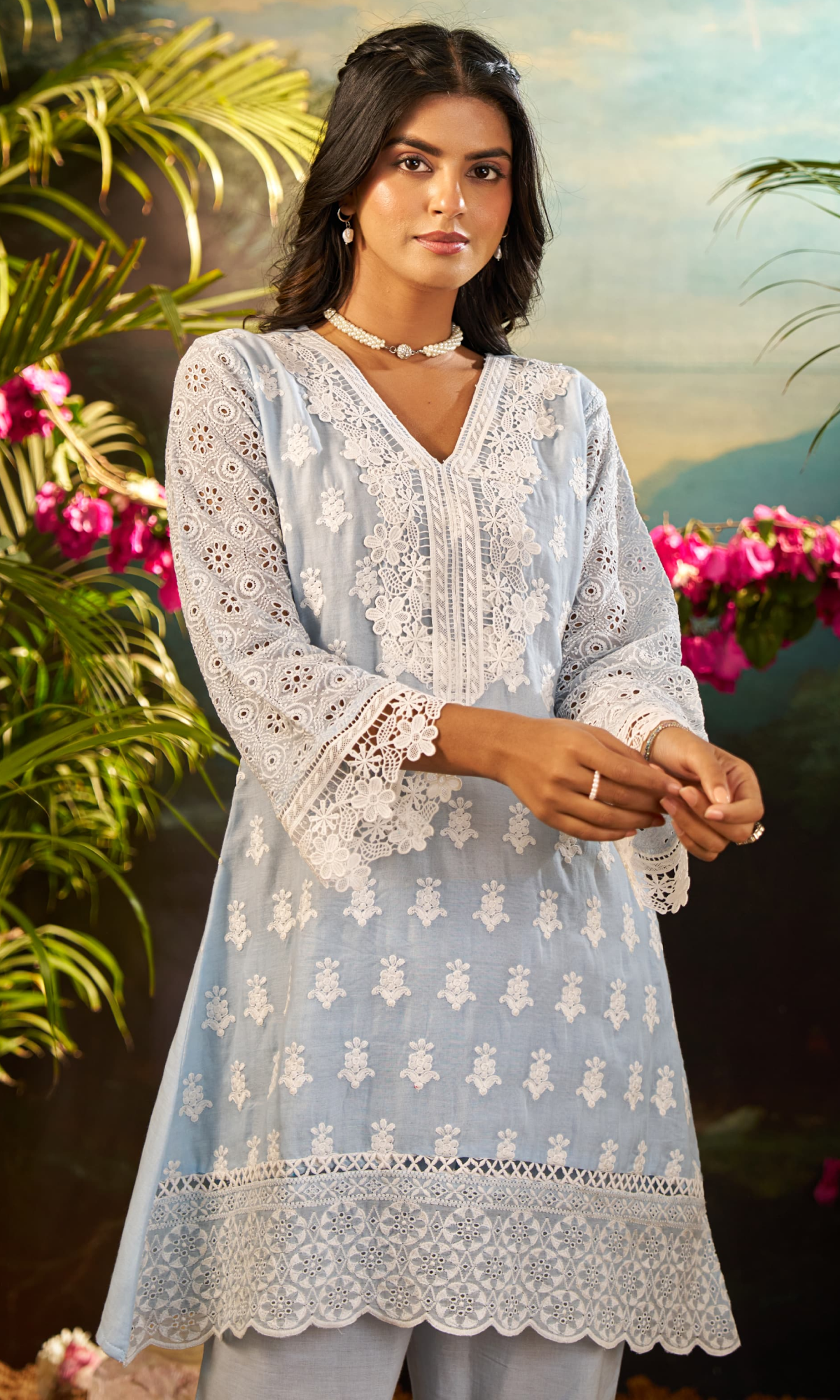 Blue Semi Cotton Floral Embroidered Co-ord