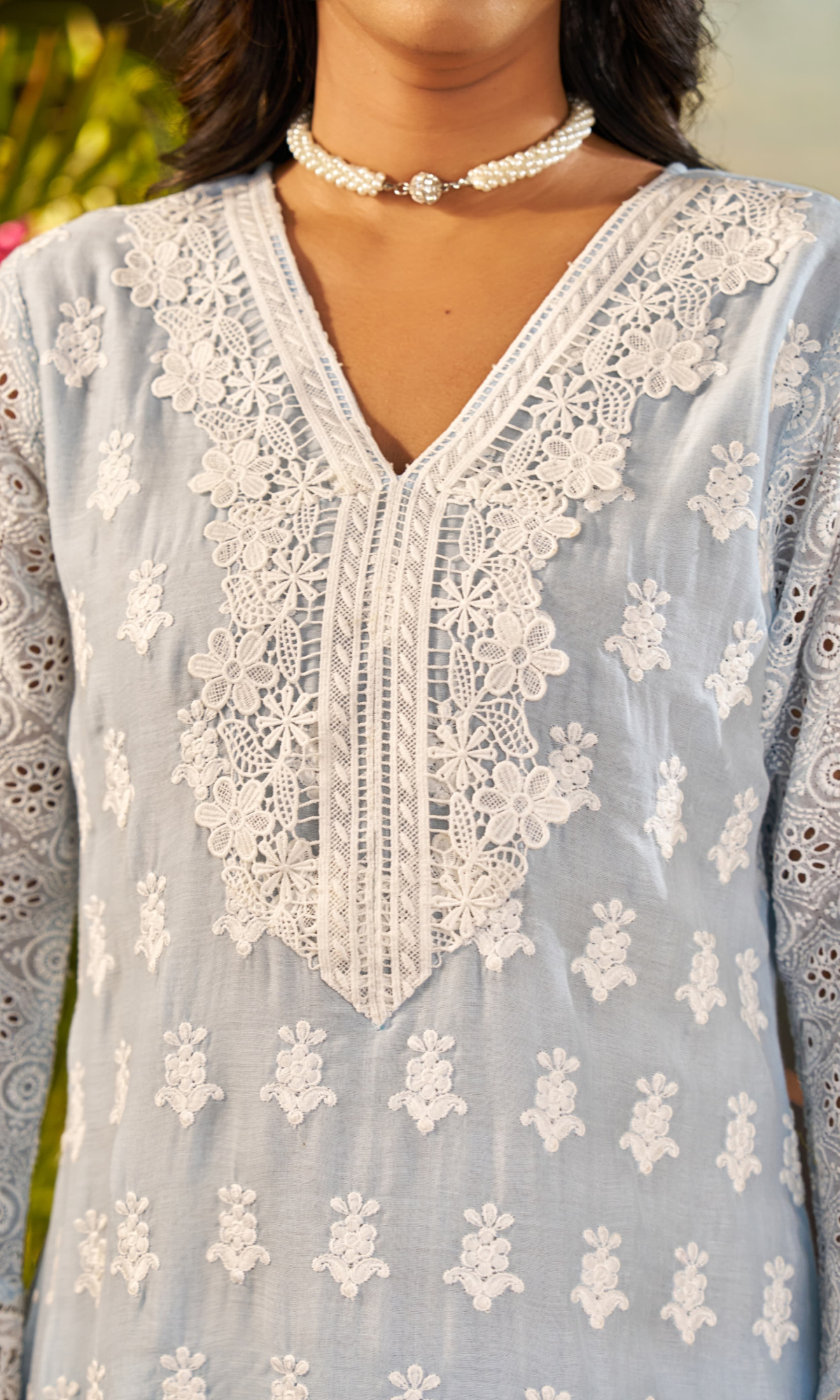 Blue Semi Cotton Floral Embroidered Co-ord