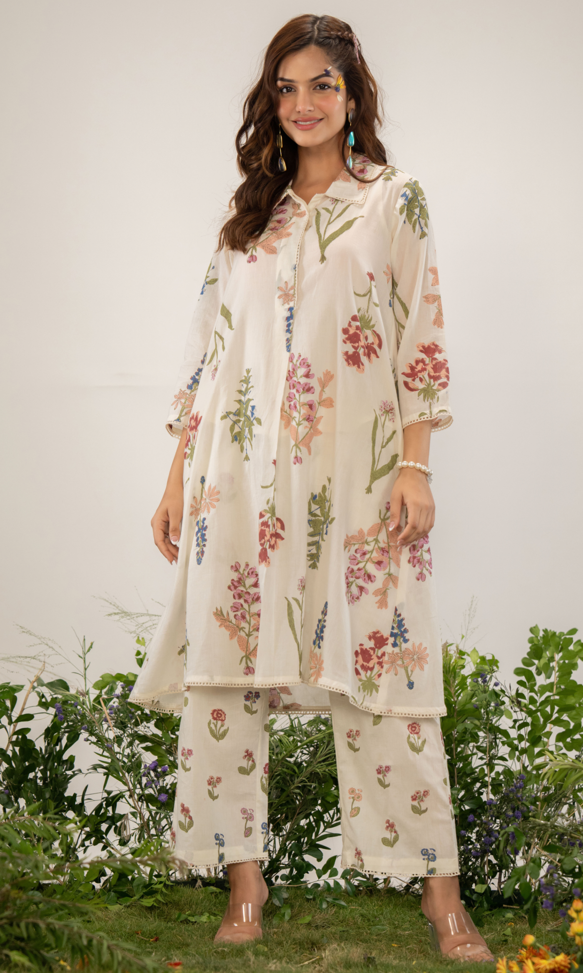 Cream Semi Cotton Floral Printed Co-ord Set