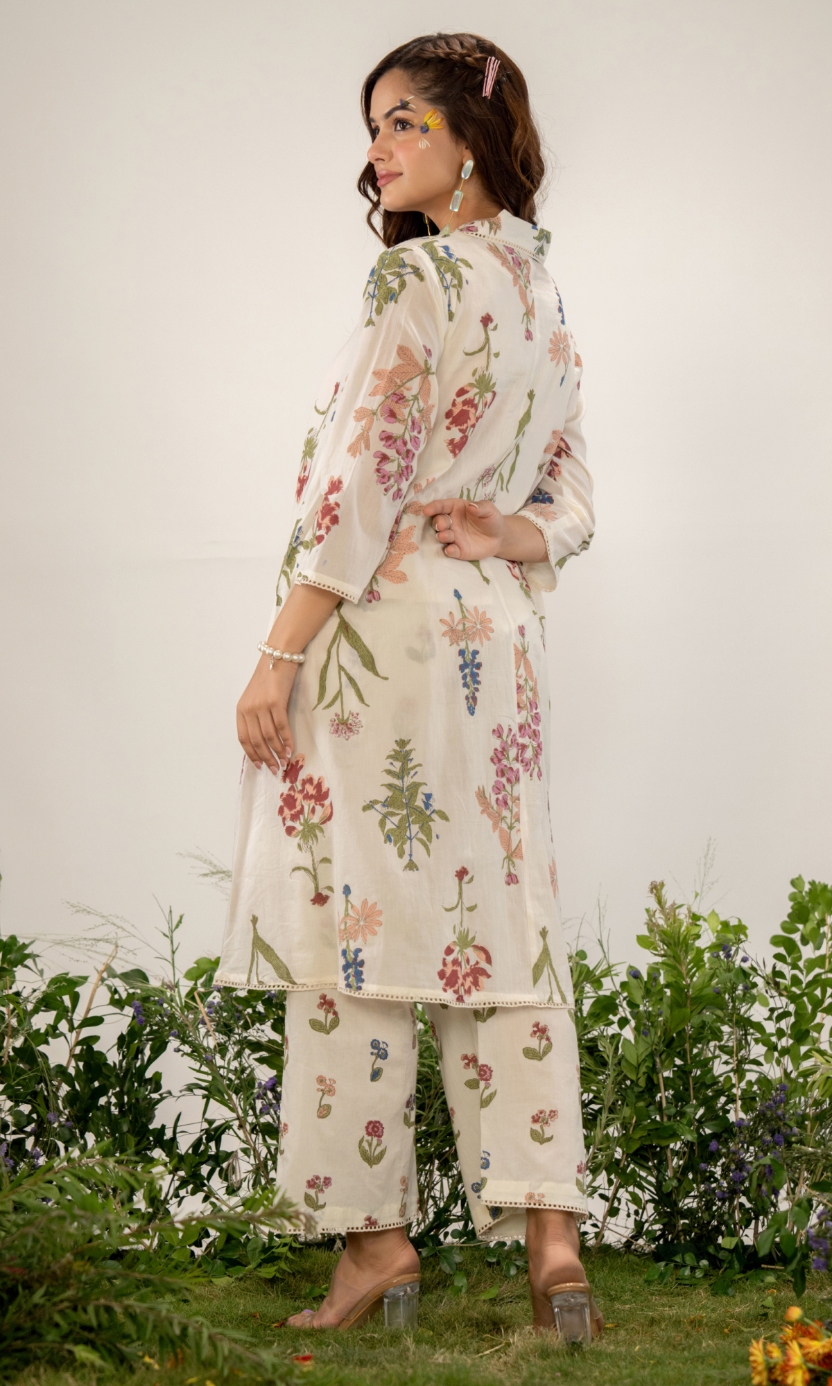Cream Semi Cotton Floral Printed Co-ord Set