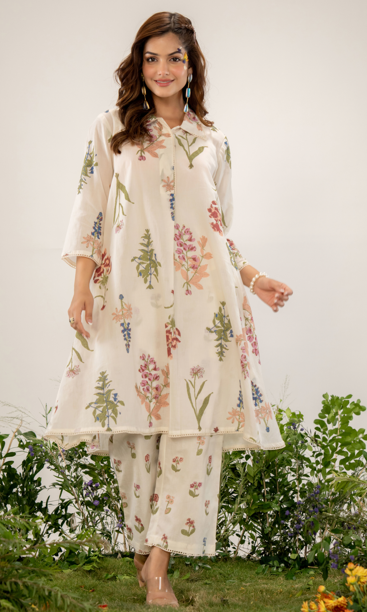 Cream Semi Cotton Floral Printed Co-ord Set