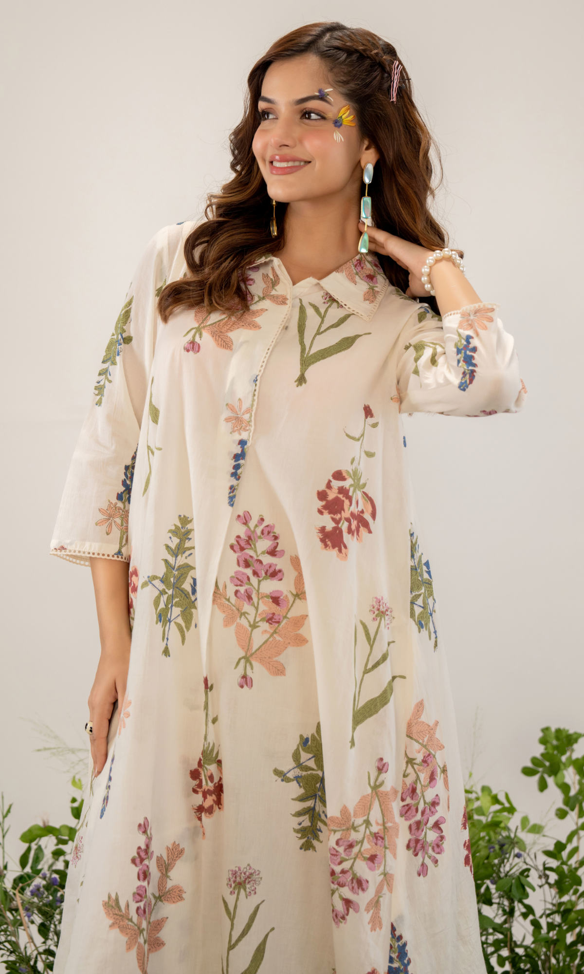 Cream Semi Cotton Floral Printed Co-ord Set