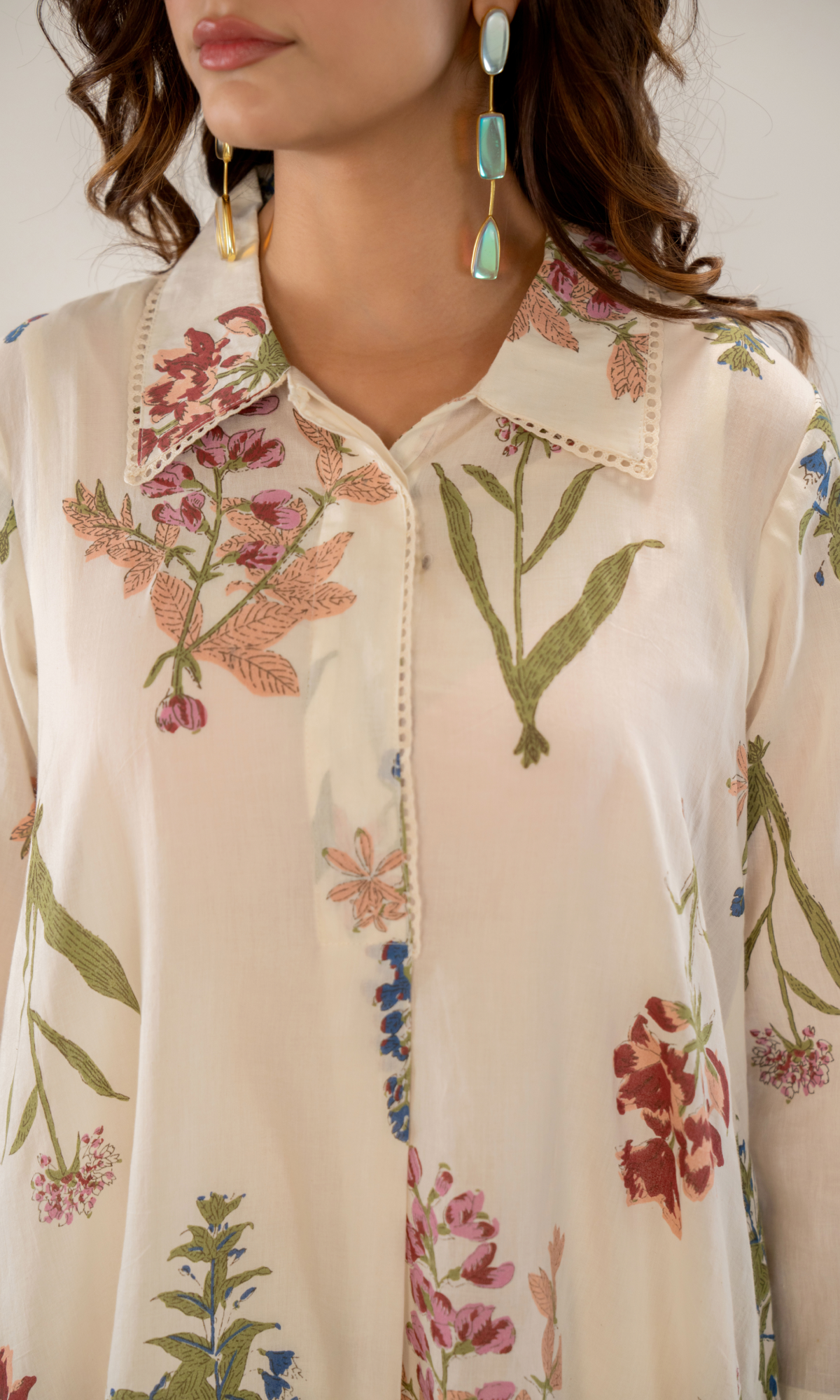 Cream Semi Cotton Floral Printed Co-ord Set