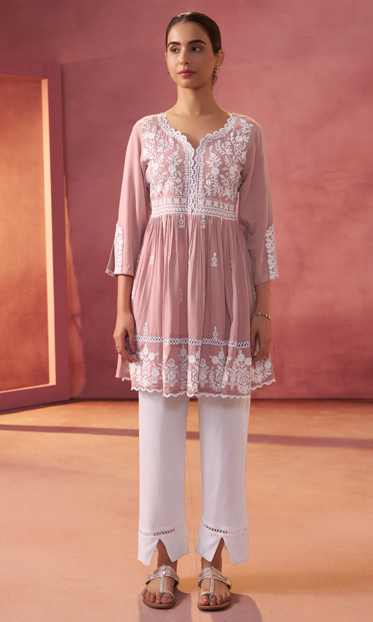 Peach Semi Cotton Floral Embroidered Co-ord Set