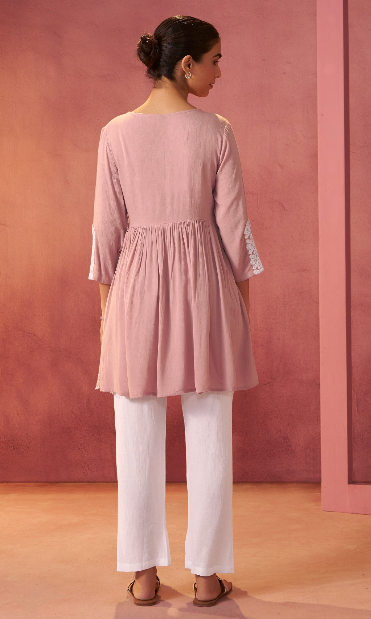 Peach Semi Cotton Floral Embroidered Co-ord Set