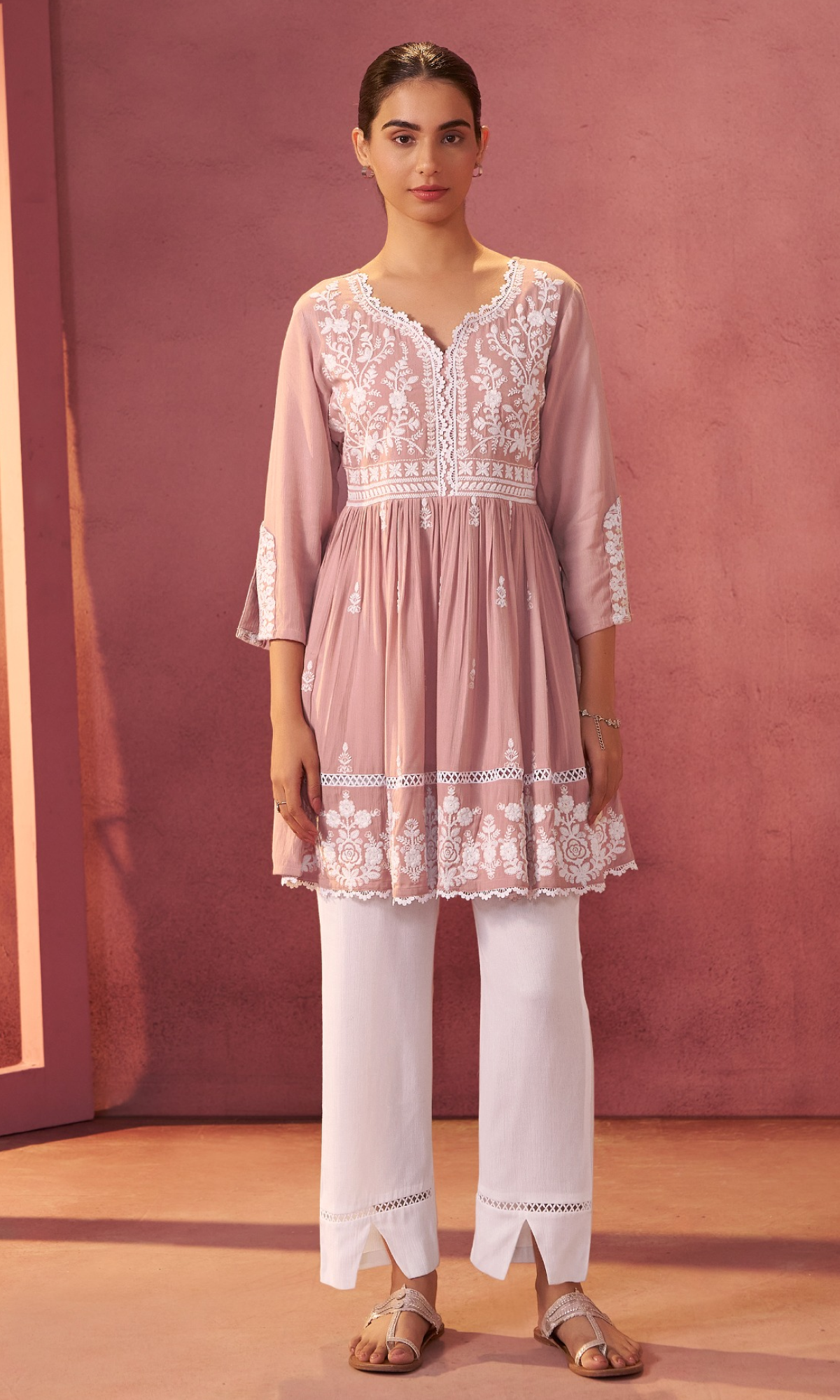 Peach Semi Cotton Floral Embroidered Co-ord Set