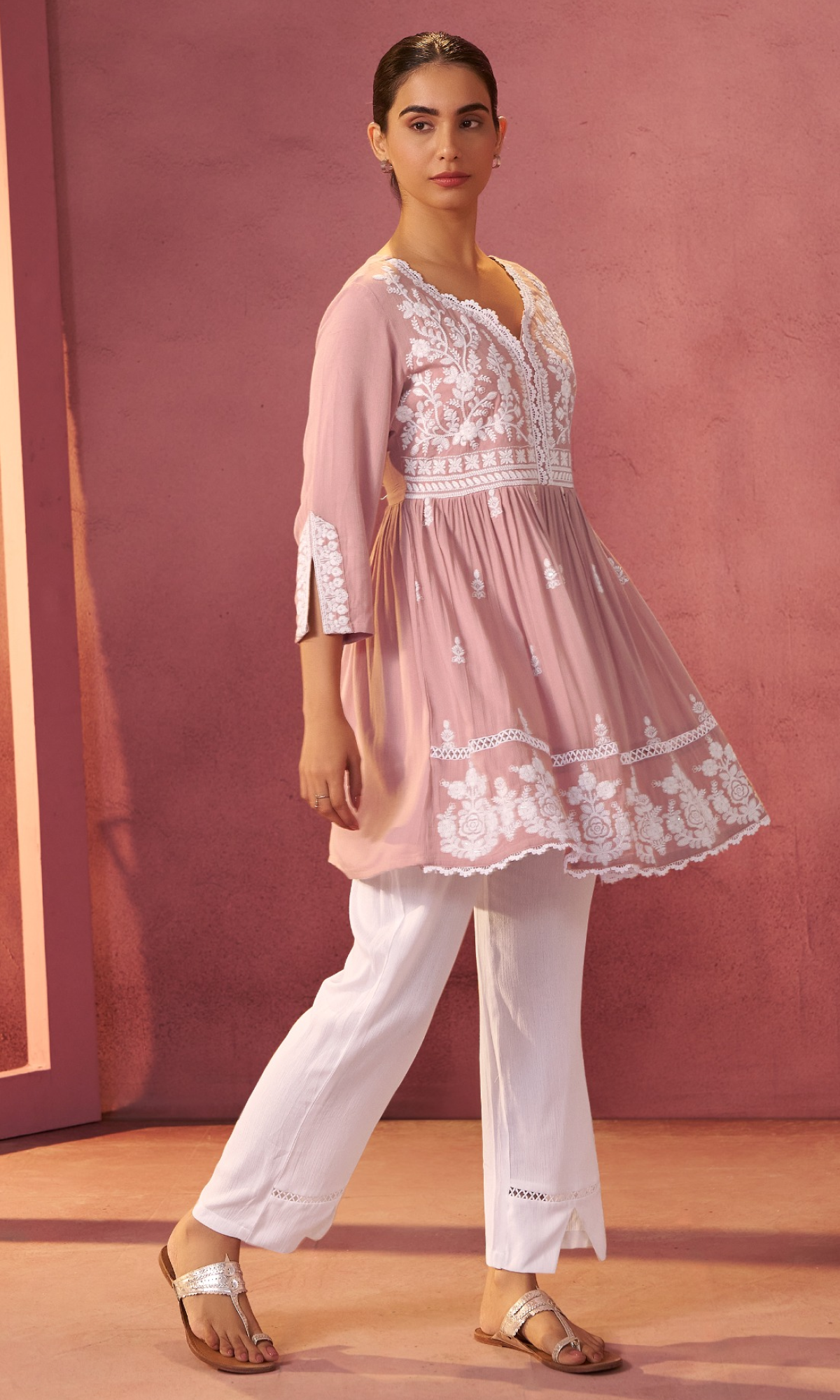 Peach Semi Cotton Floral Embroidered Co-ord Set