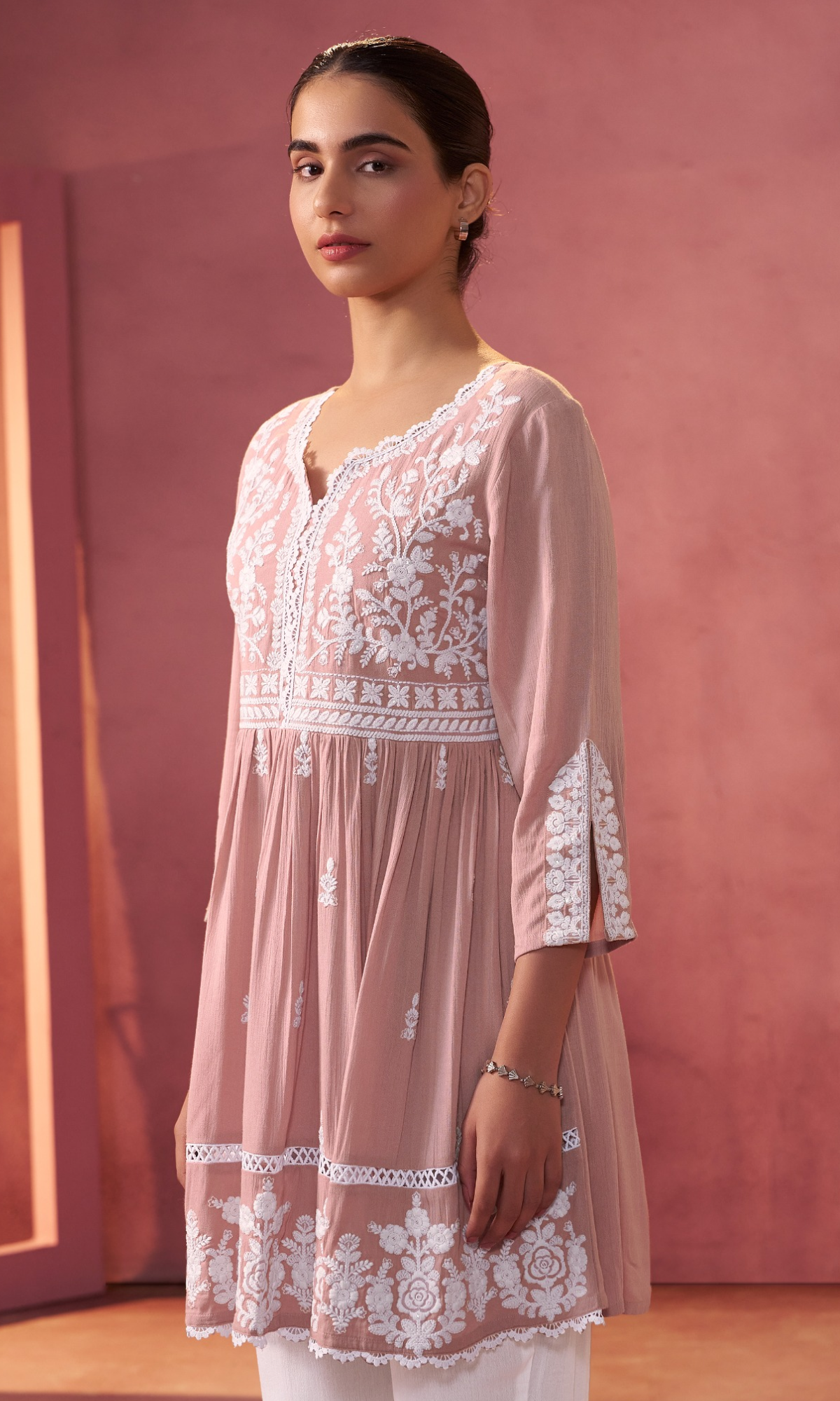 Peach Semi Cotton Floral Embroidered Co-ord Set