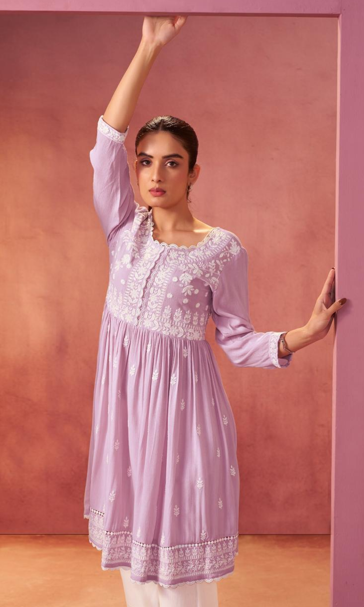 Pink Semi Cotton Floral Embroidered Co-ord Set