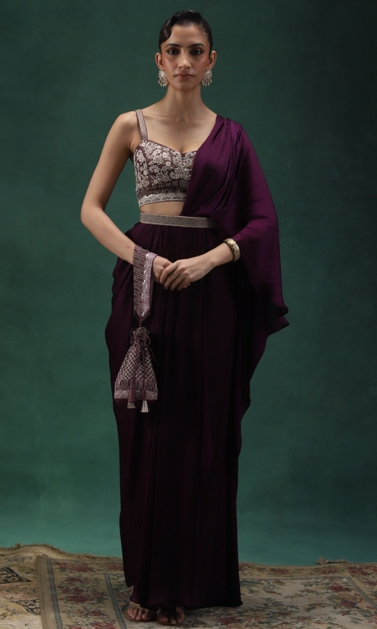 Purple Semi Silk Embroidered Drape Saree