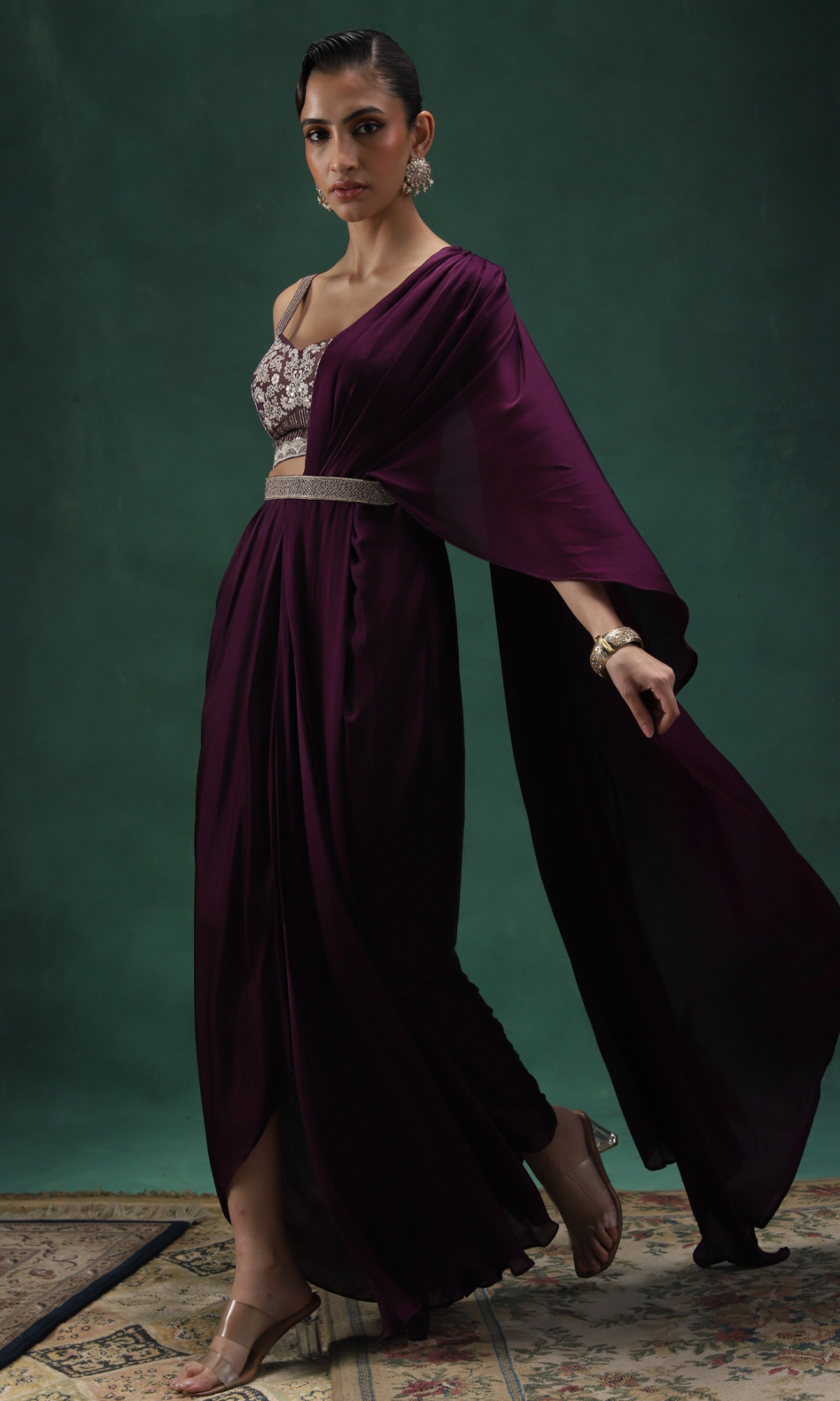 Purple Semi Silk Embroidered Drape Saree