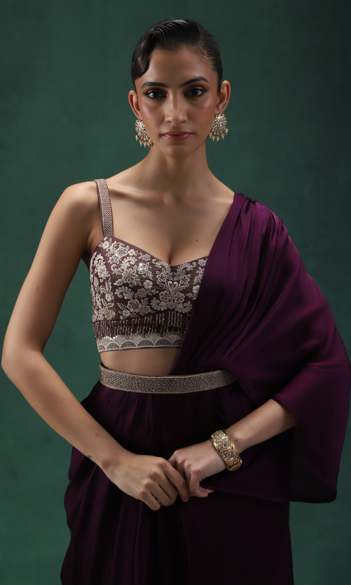 Purple Semi Silk Embroidered Drape Saree