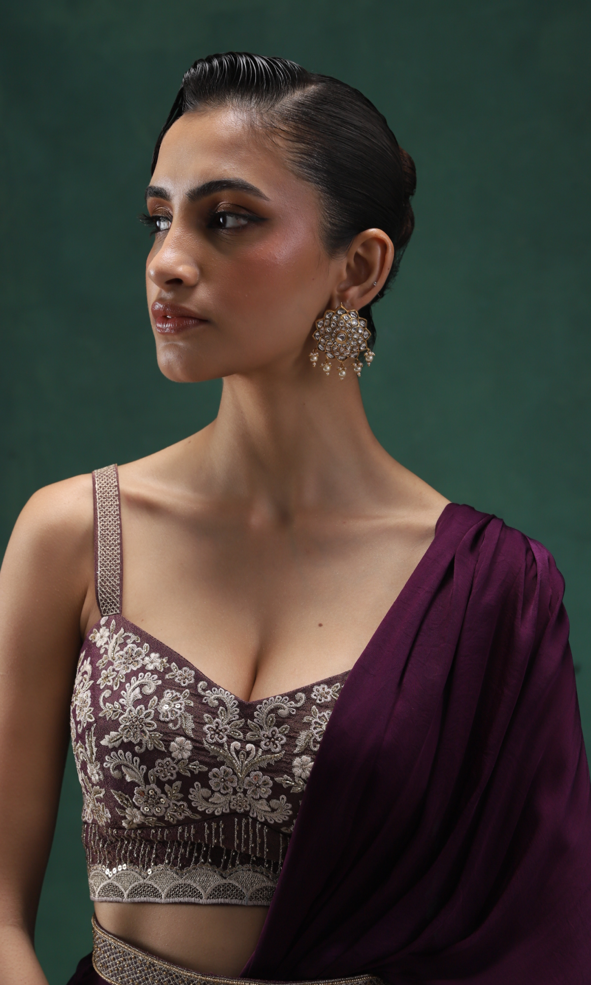 Purple Semi Silk Embroidered Drape Saree