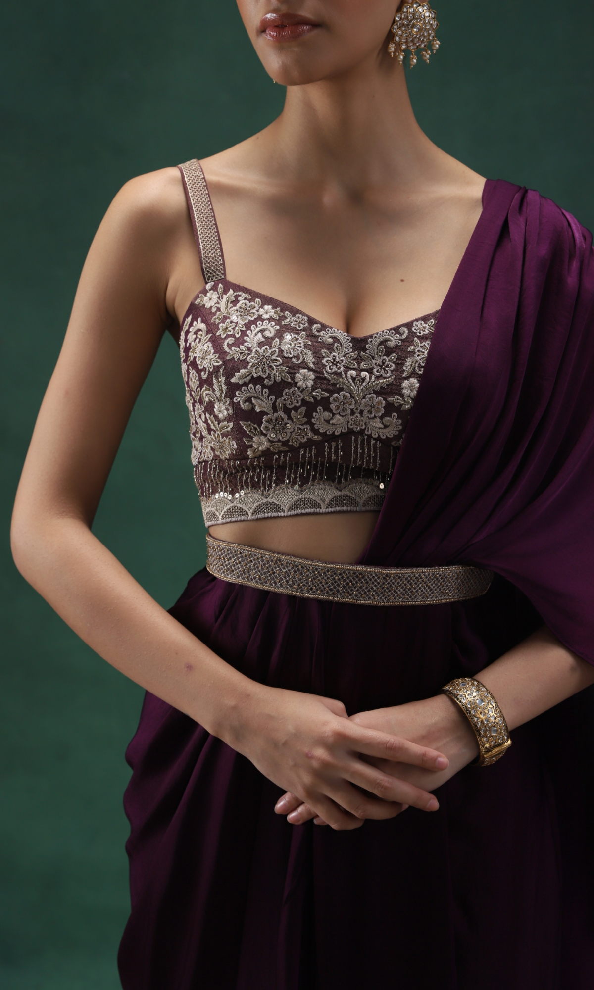 Purple Semi Silk Embroidered Drape Saree