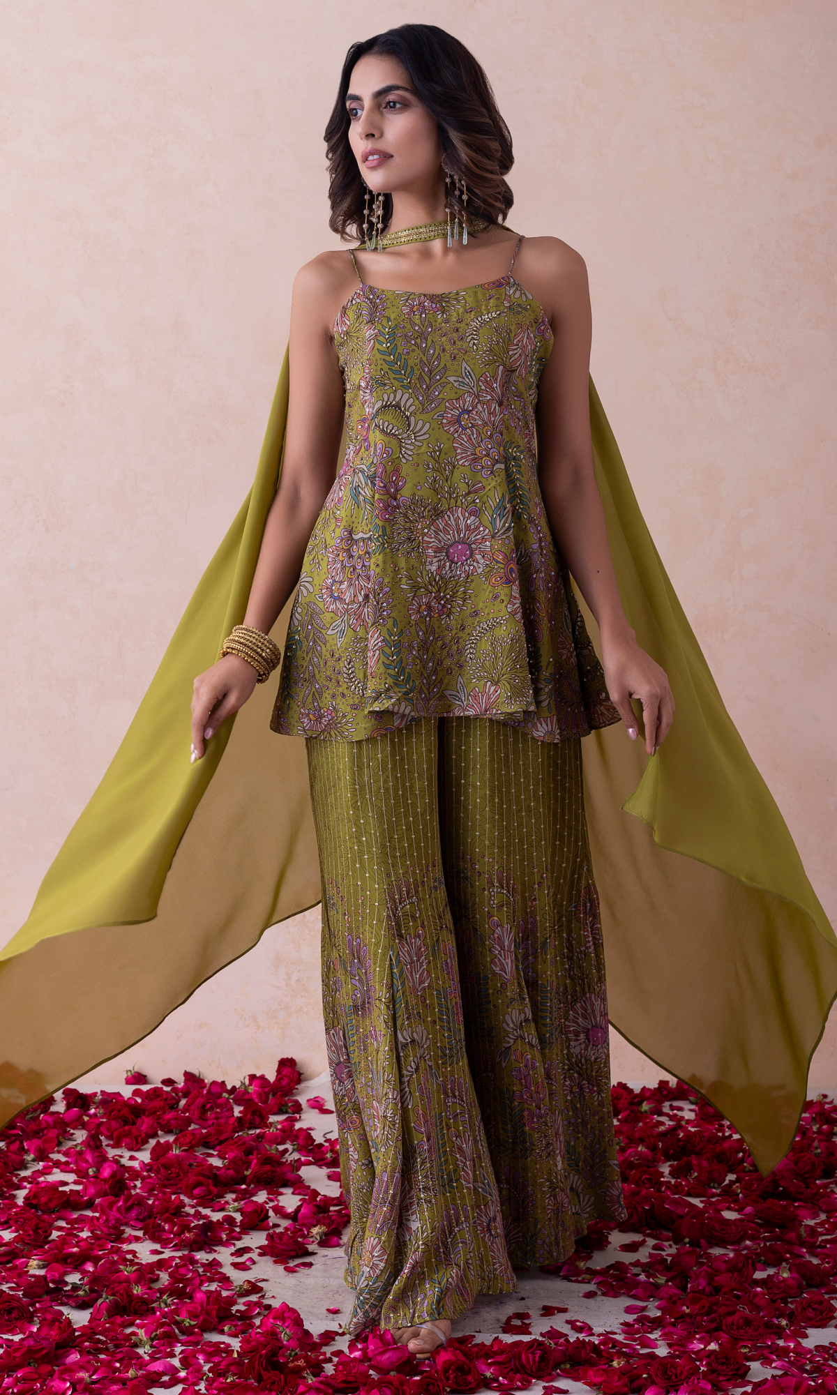 Green Georgette Crepe Mix Printed Sharara Set